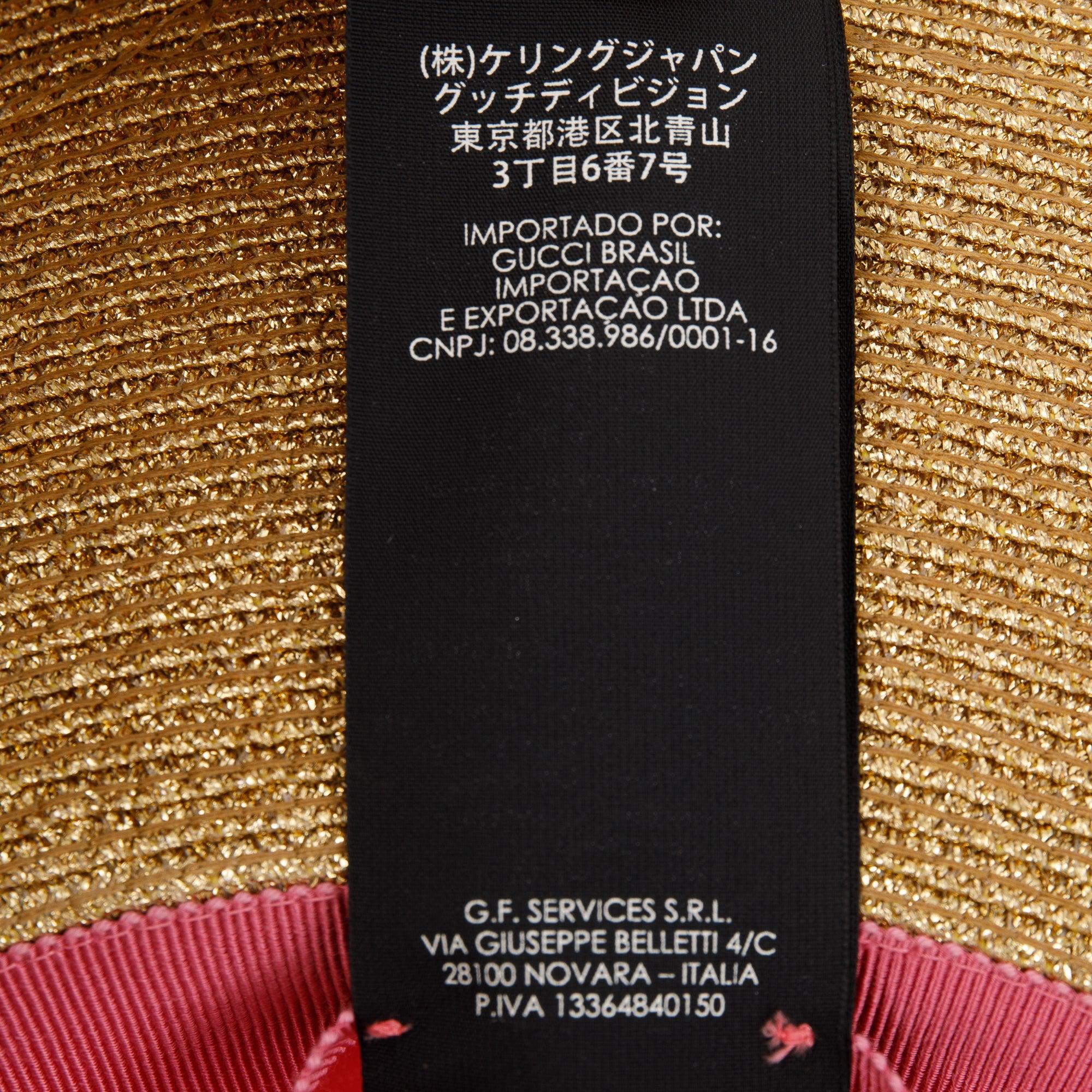 Gucci Gold & Black Lame Woven Paper Hat with Black Grosgrain Ribbon, Size M 57 w/ Box