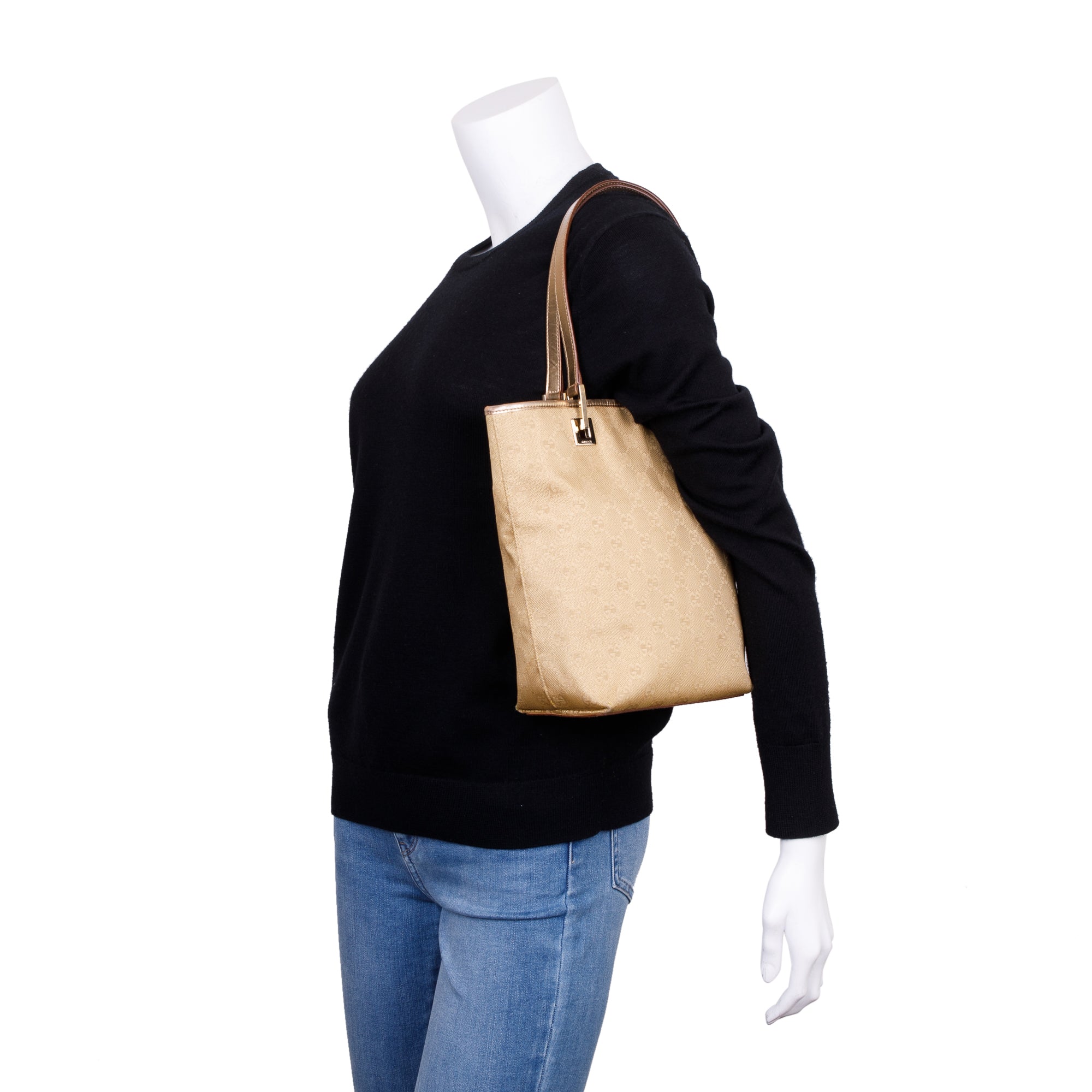 Gucci Gold GG Canvas Small Bucket Tote