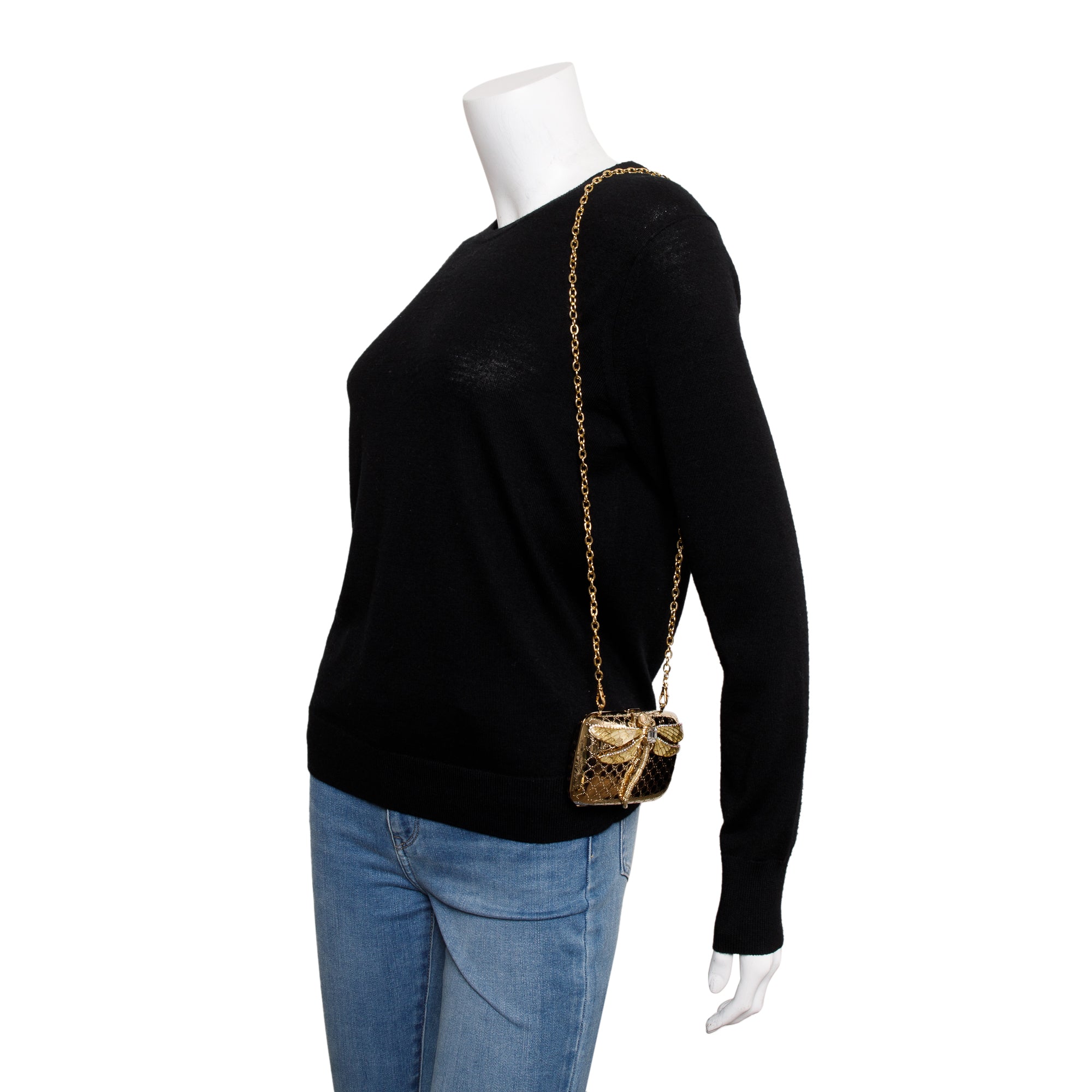 Gucci Gold Metal Microguccissima Crystal Embellished Dragonfly Minaudiere Mini Chain Clutch