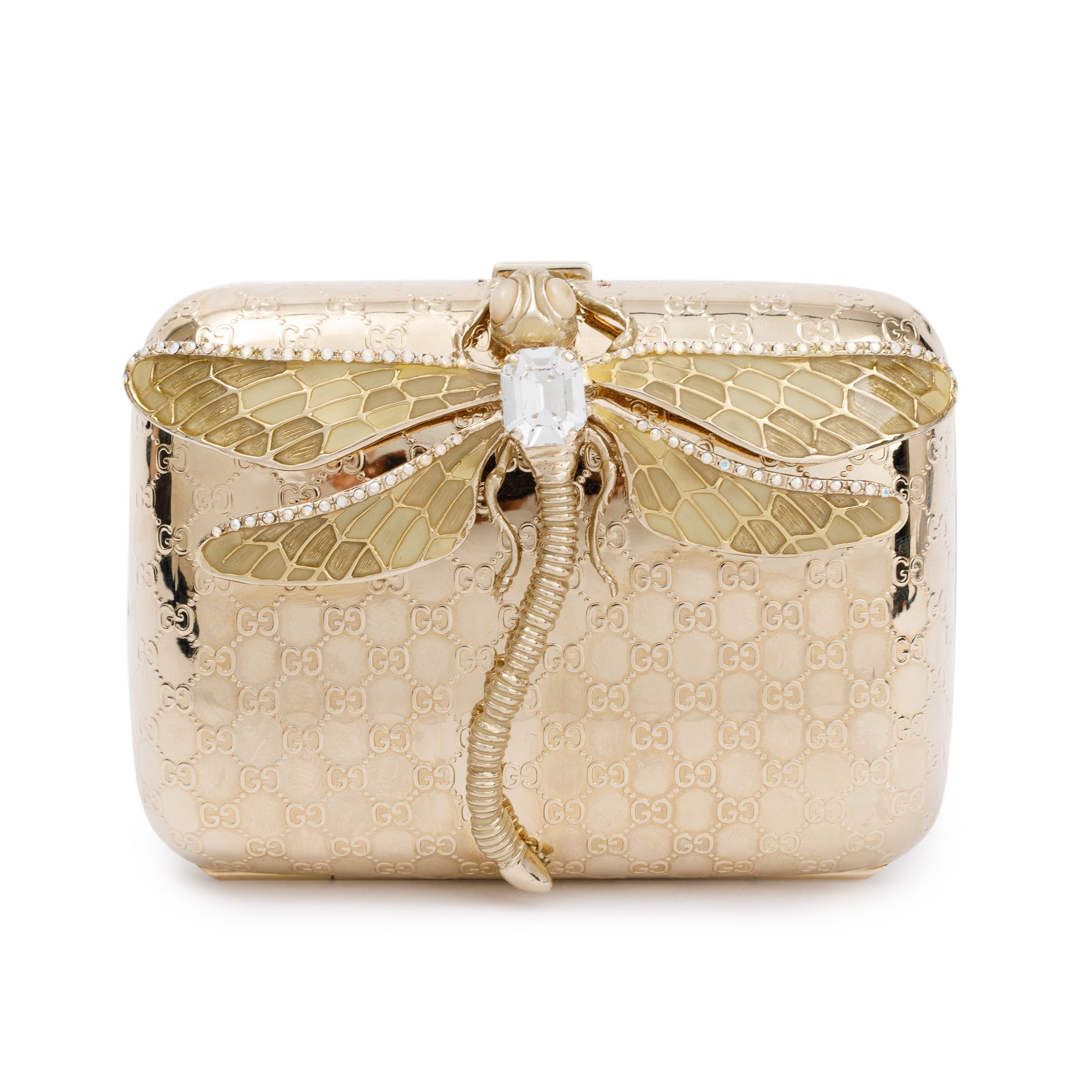 Gucci Gold Metal Microguccissima Crystal Embellished Dragonfly Minaudiere Mini Chain Clutch