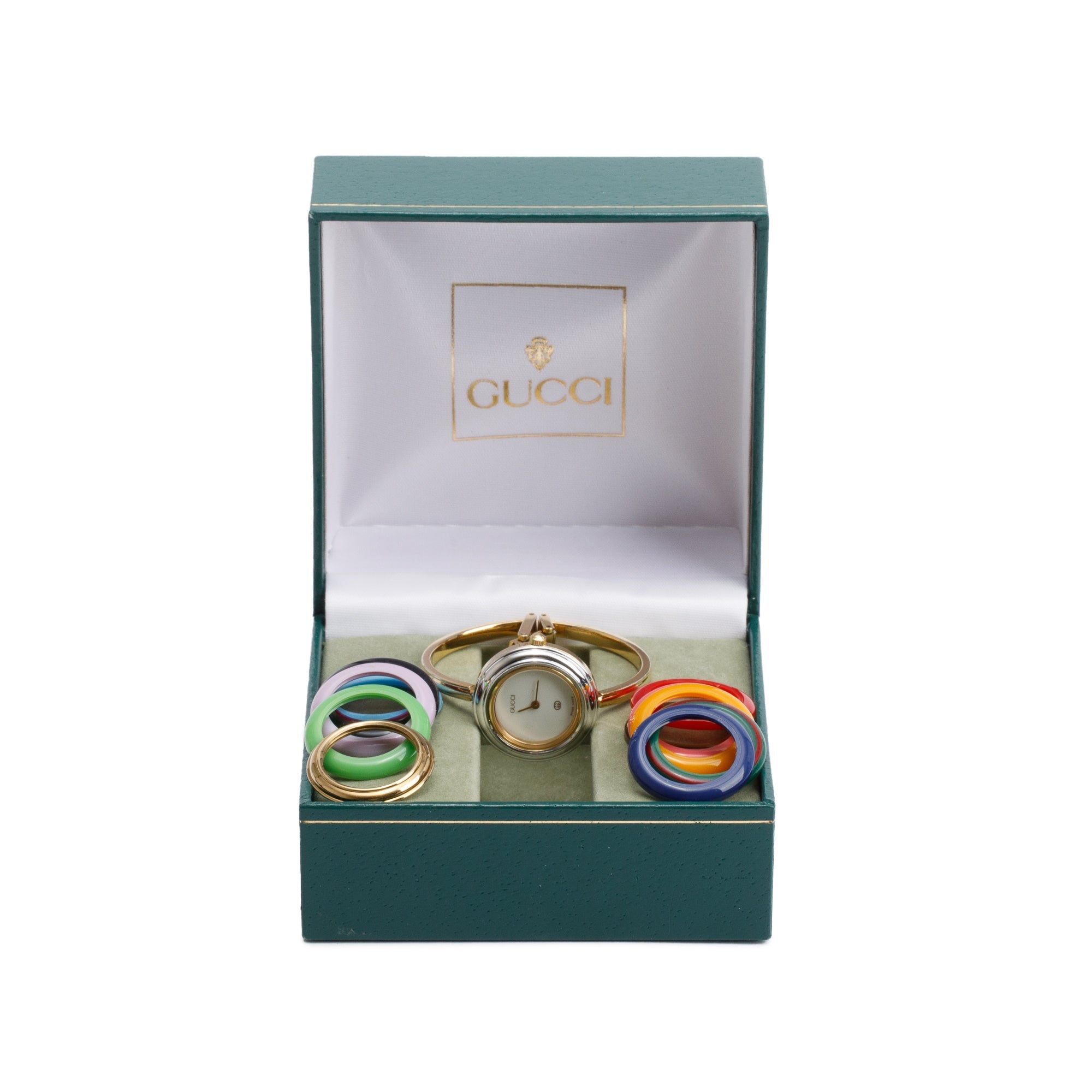 Gucci Gold Plated Stainless Steel 1100 Series 26MM Watch w/ Box & 12 Multicolour Interchangeable Bezels