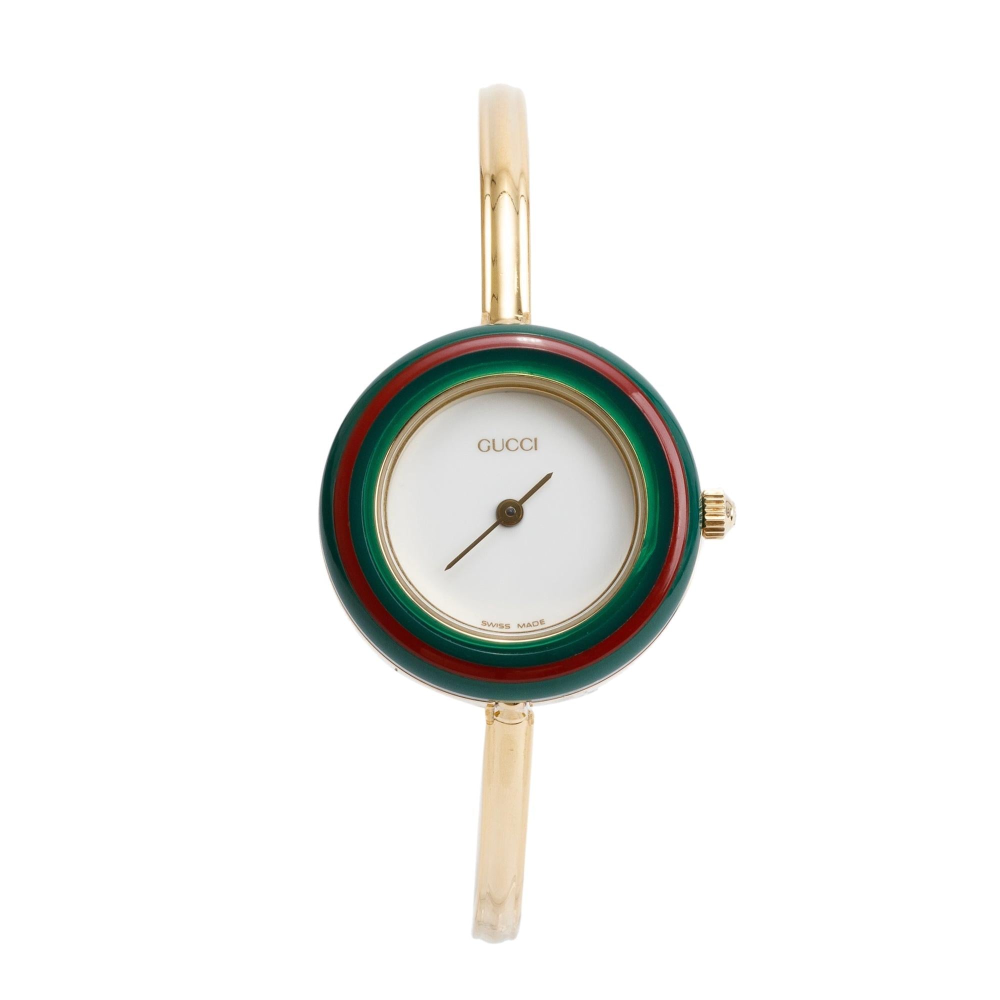 Gucci Gold Plated Stainless Steel 1100 Series 26MM Watch w/ Box & 12 Multicolour Interchangeable Bezels