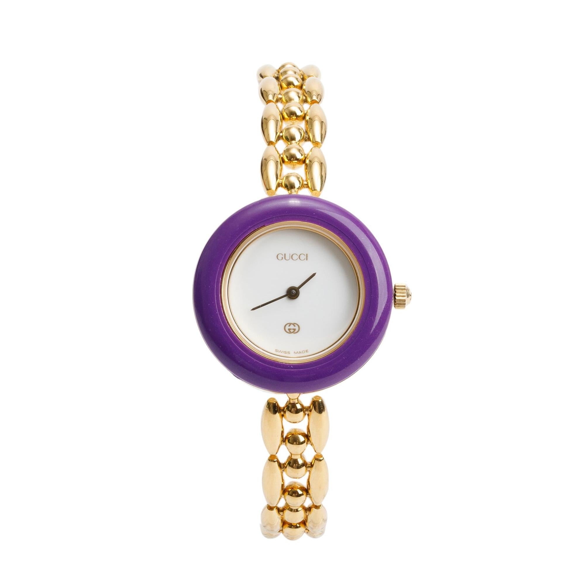 Gucci Gold Plated Stainless Steel 1100 Series 26MM Watch w/ Box & 19 Multicolour Interchangeable Bezels