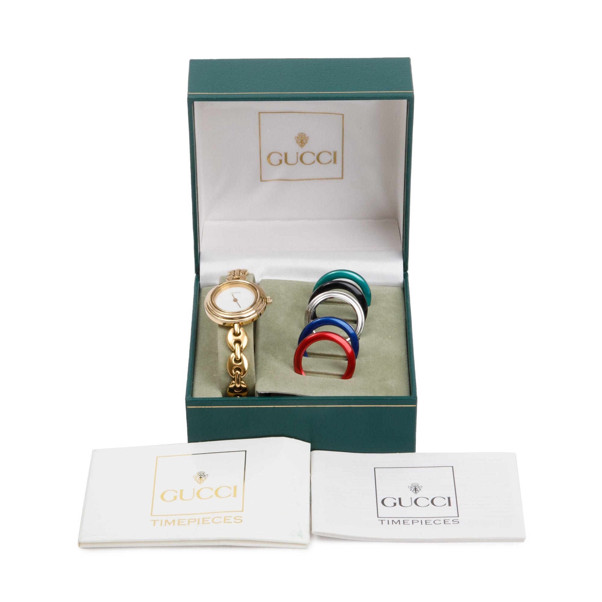 Gucci Gold Plated Stainless Steel 1100 Series 26MM Watch w/ Box & 5 Multicolour Interchangeable Bezels
