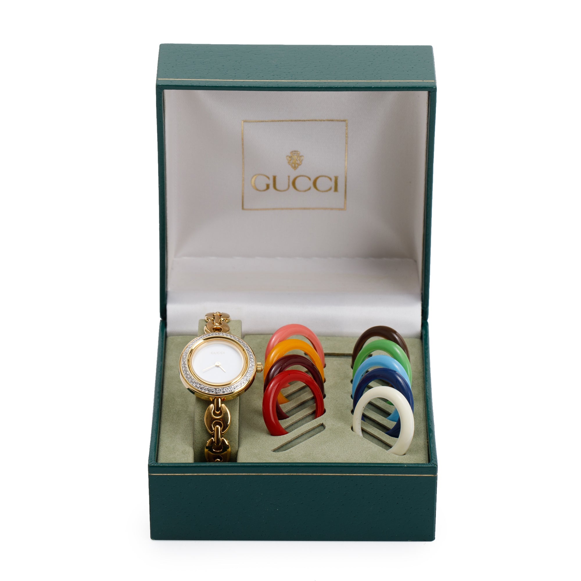 Gucci Gold Plated Stainless Steel 1100 Series 26MM Watch w/ Box & 9 Multicolour Interchangeable Bezels