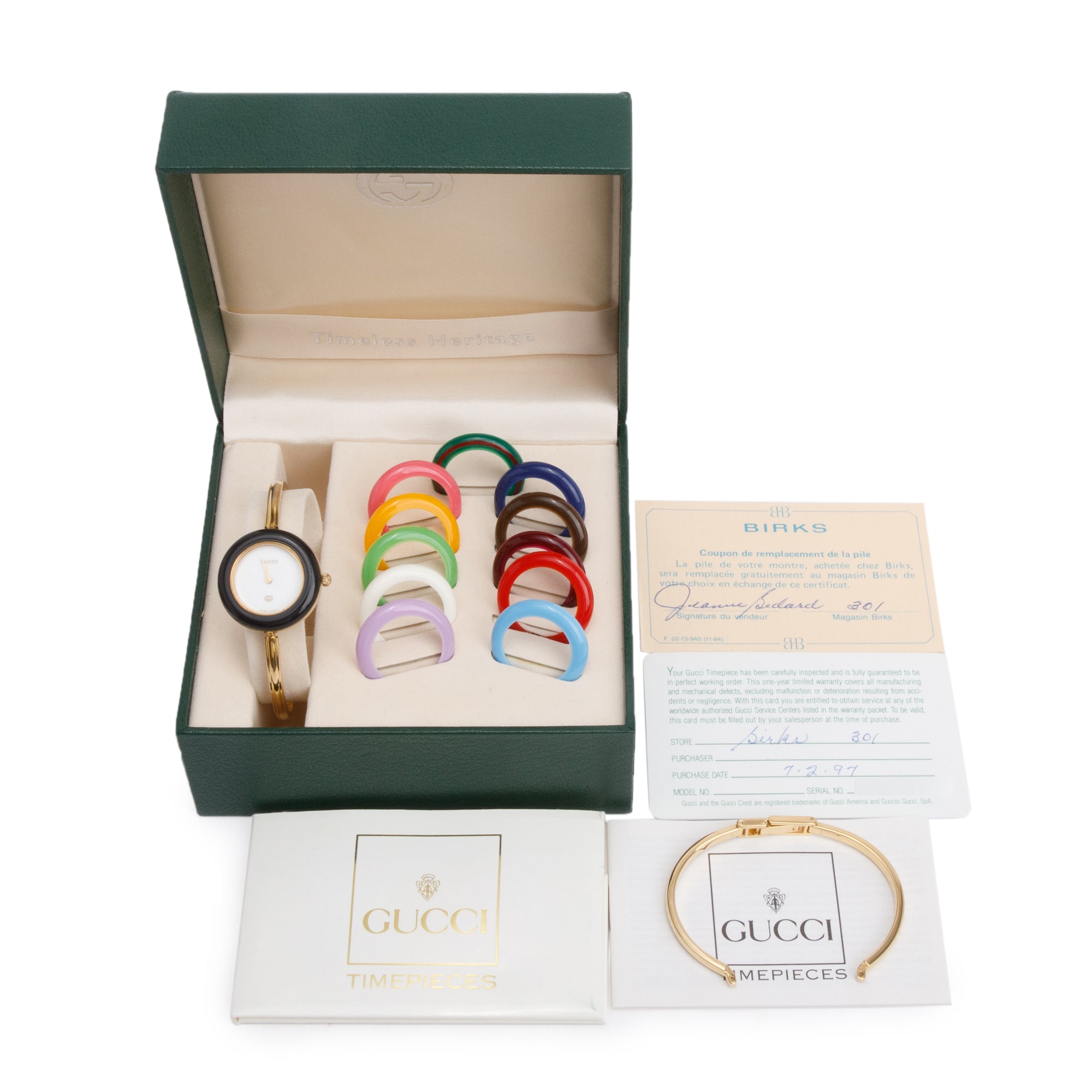 Gucci Gold Plated Stainless Steel 1100 Series 26MM Watch w/ Box, Papers & 12 Multicolour Interchangeable Bezels