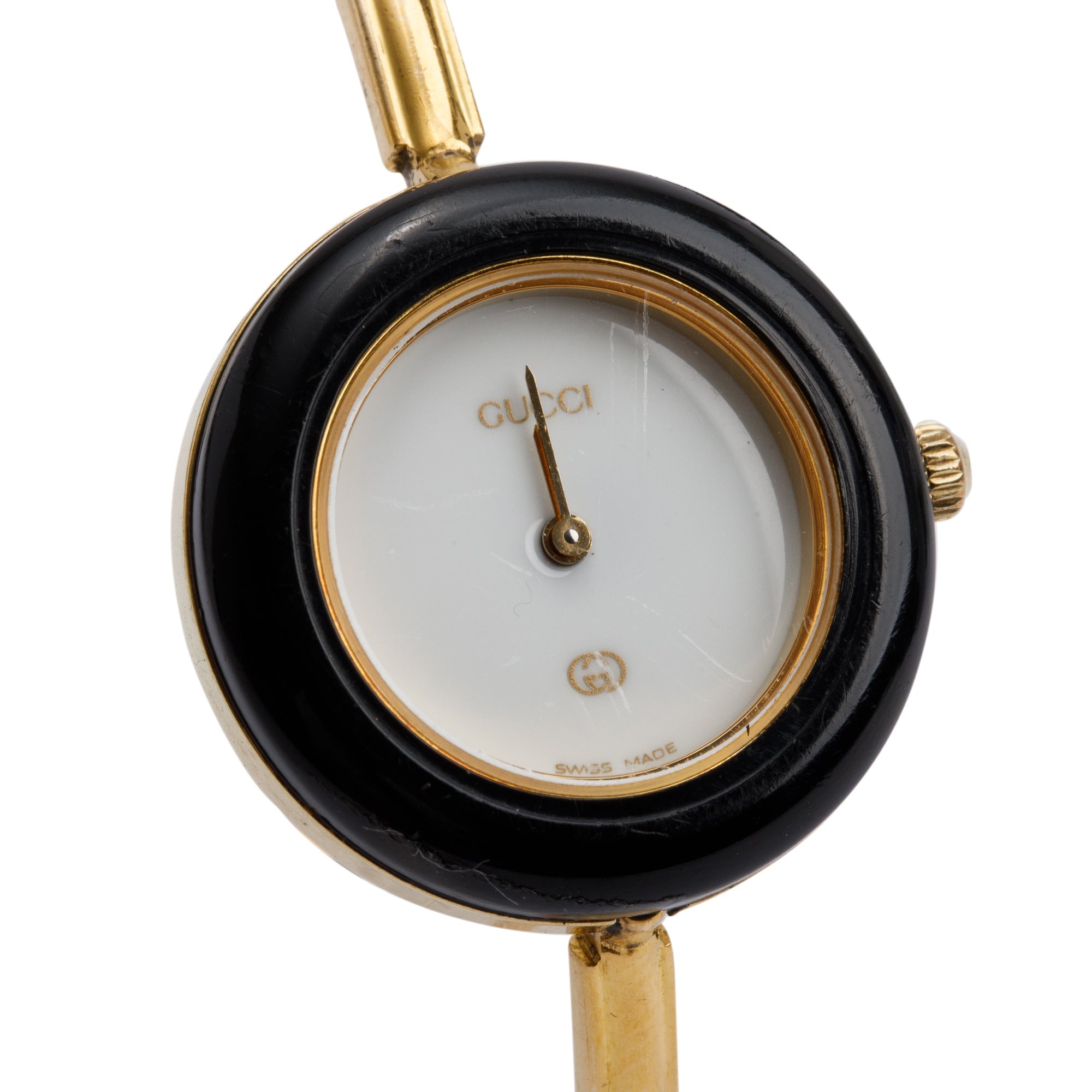Gucci Gold Plated Stainless Steel 1100 Series 26MM Watch w/ Box, Papers & 12 Multicolour Interchangeable Bezels