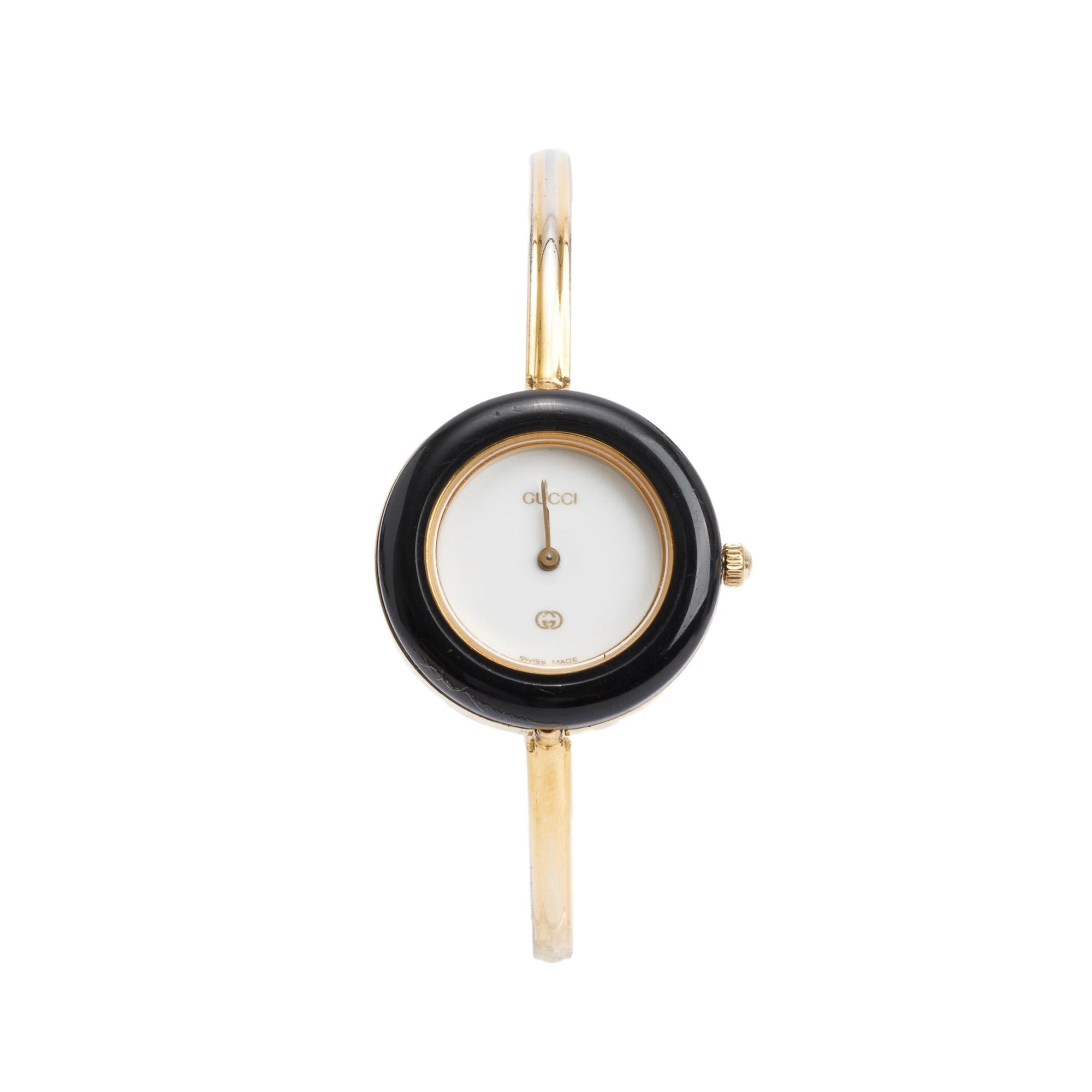 Gucci Gold Plated Stainless Steel 1100 Series 26MM Watch w/ Box, Papers & 12 Multicolour Interchangeable Bezels