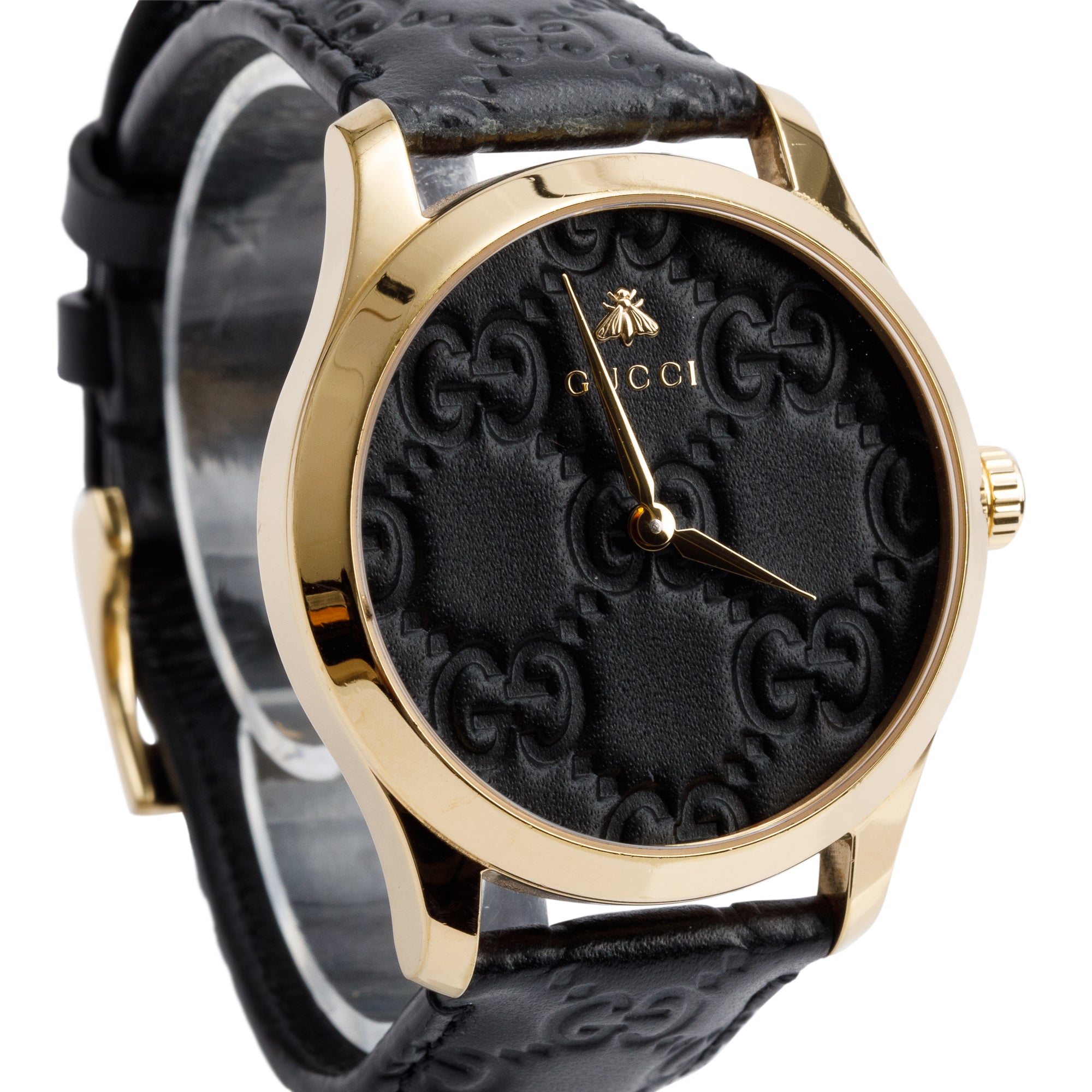 Gucci Gold Plated Stainless Steel G-Timeless 38 MM Black Signature Leather Watch