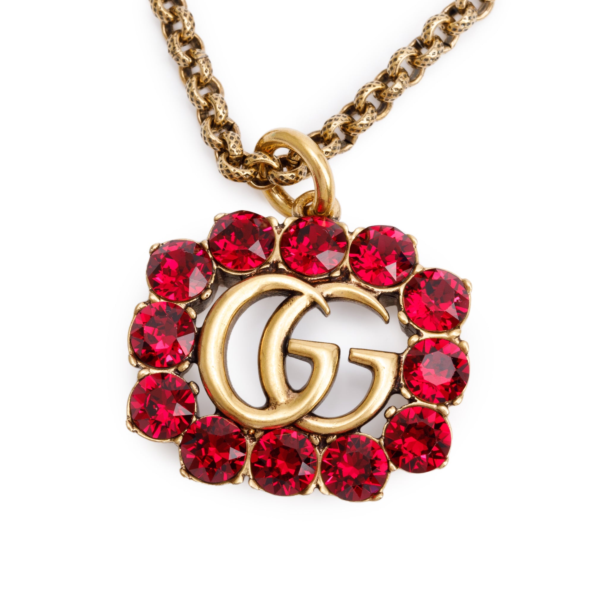 Gucci Gold-Tone Metal Crystal Double G Pendant Necklace w/ Box