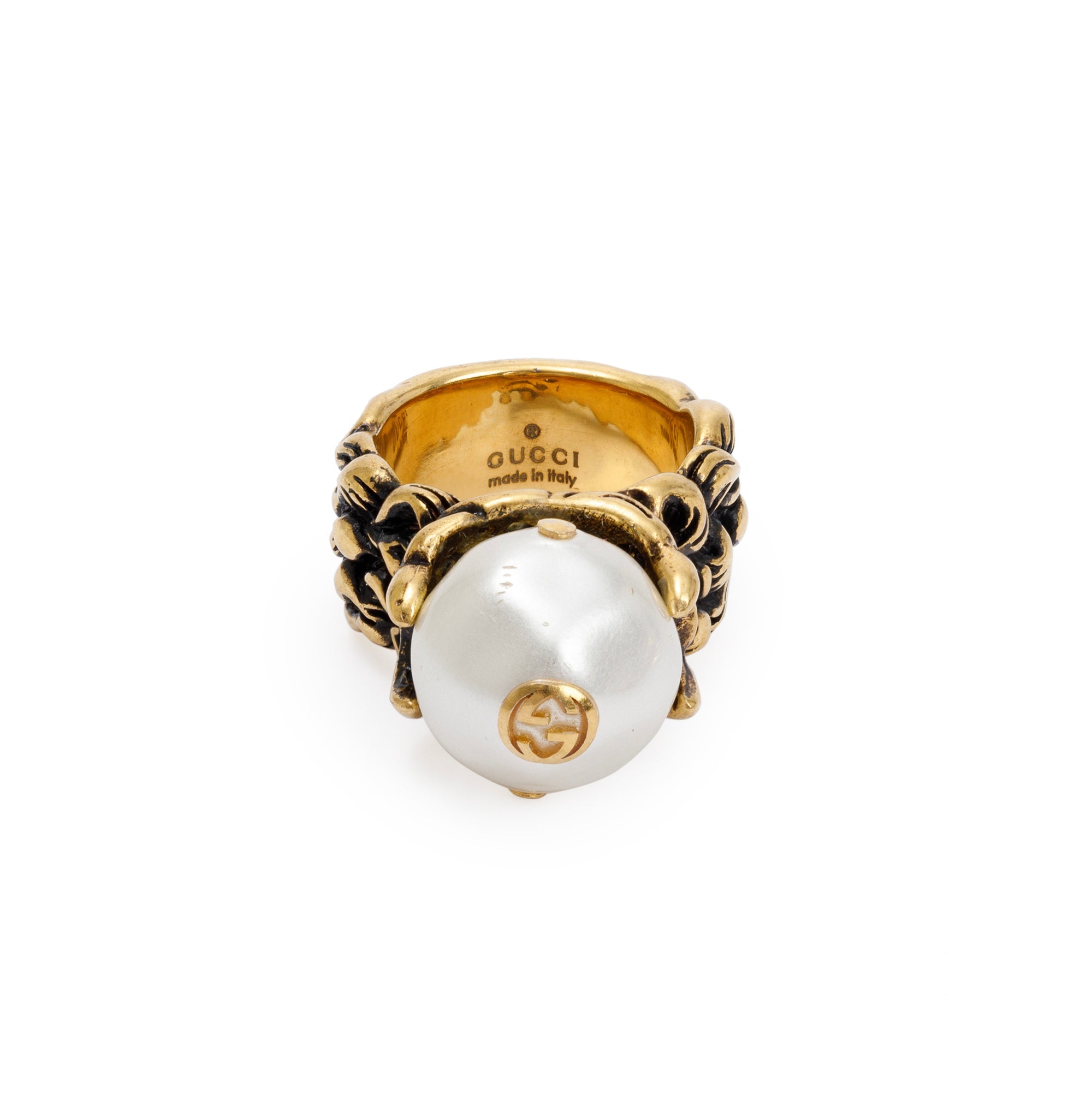 Gucci Gold Tone Metal Faux Pearl Ring, Size 12 6.5