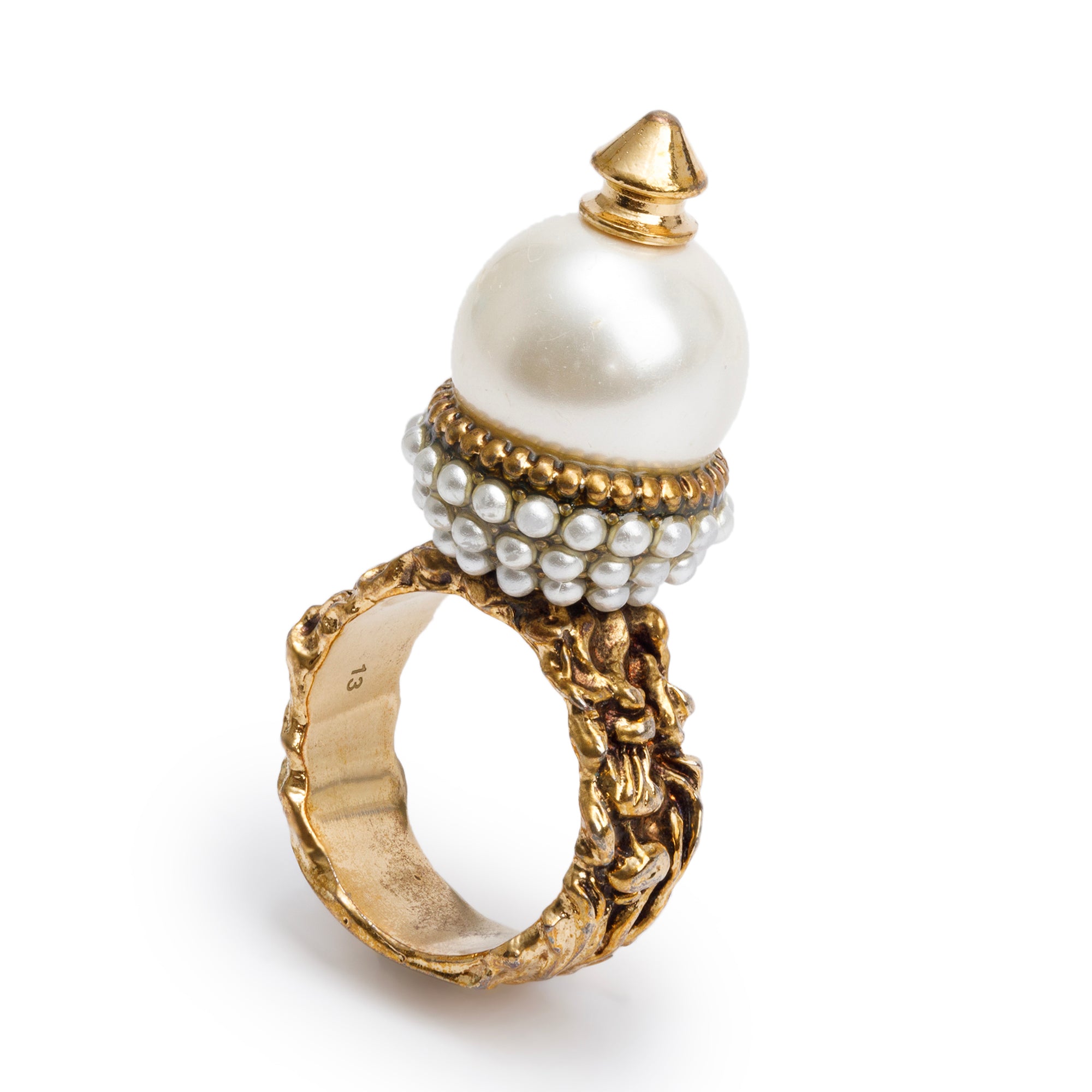 Gucci Gold Tone Metal Faux Pearl Ring, Size 13 6.5