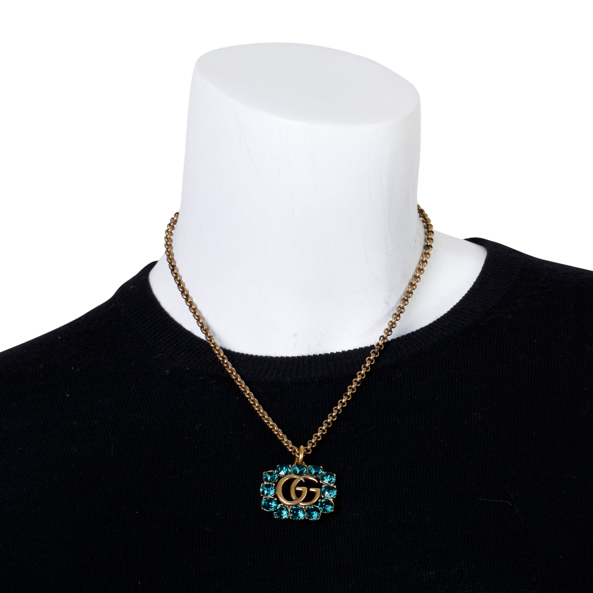Gucci Gold-Tone Metal Green Crystal GG Pendant Necklace