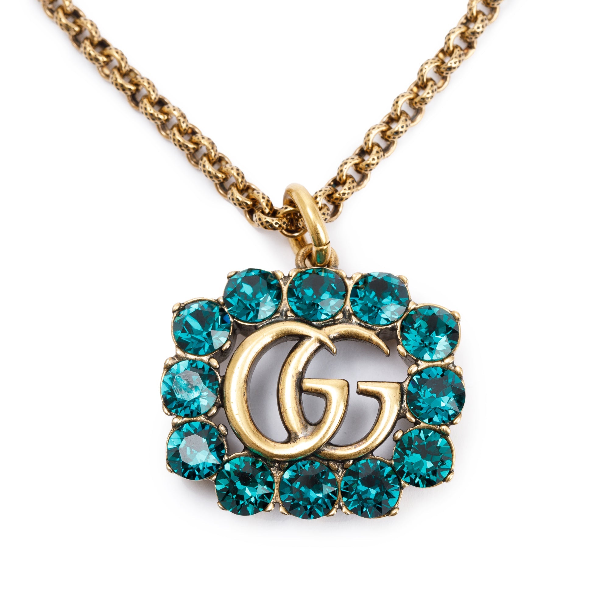 Gucci Gold-Tone Metal Green Crystal GG Pendant Necklace