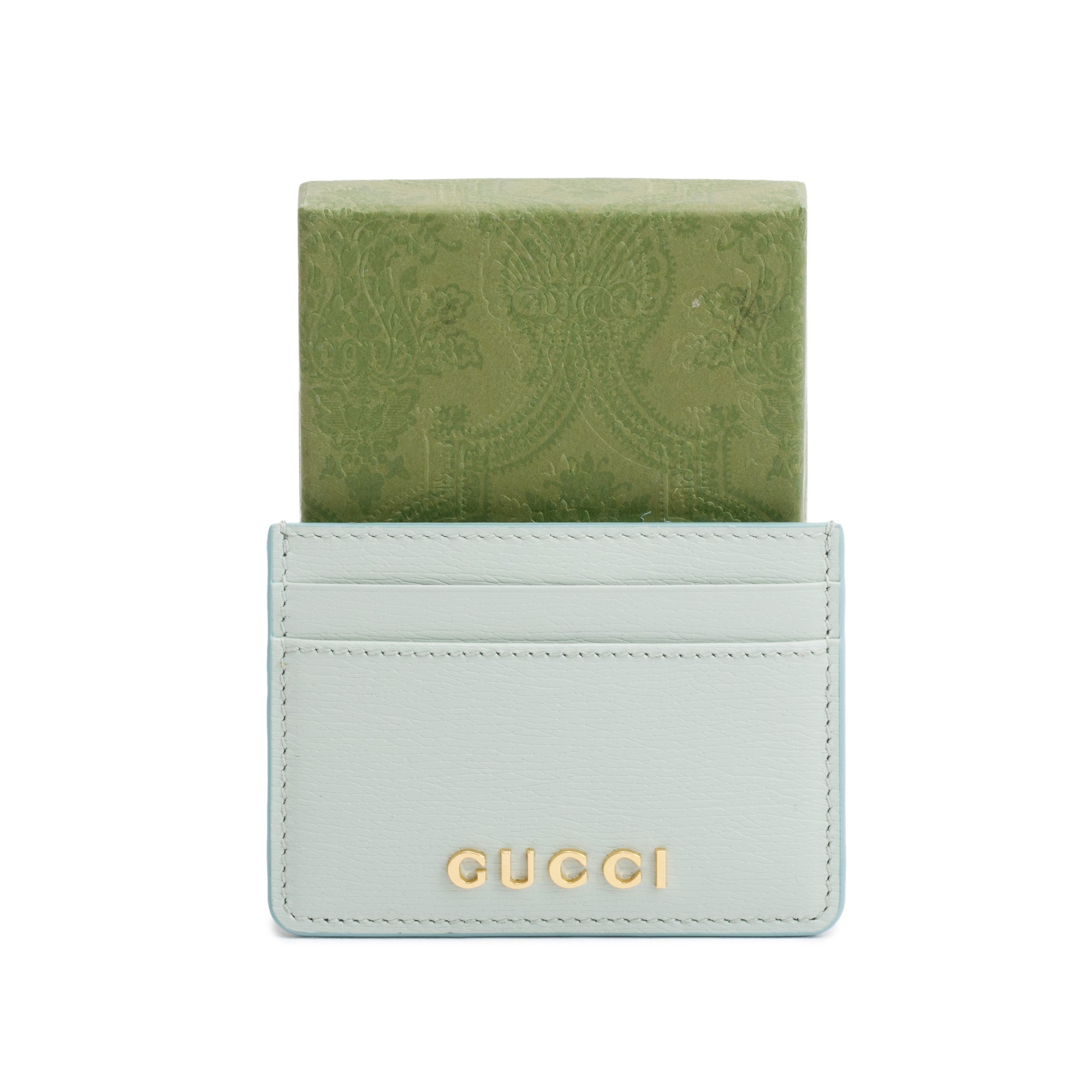 Gucci Green Calfskin Leather Card Case with Gucci Script w/ Box