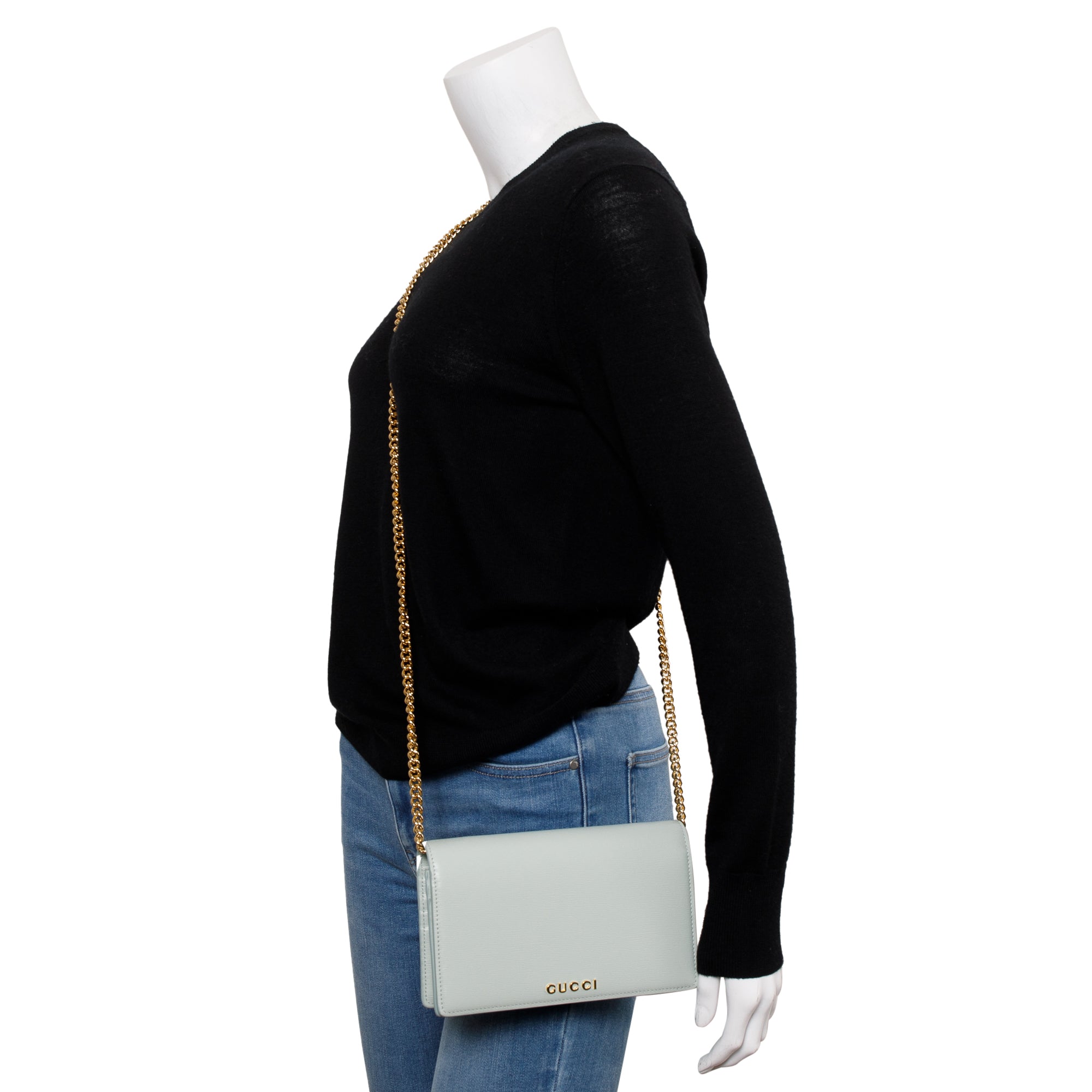 Gucci Green Calfskin Leather Chain Wallet with Gucci Script w/ Box