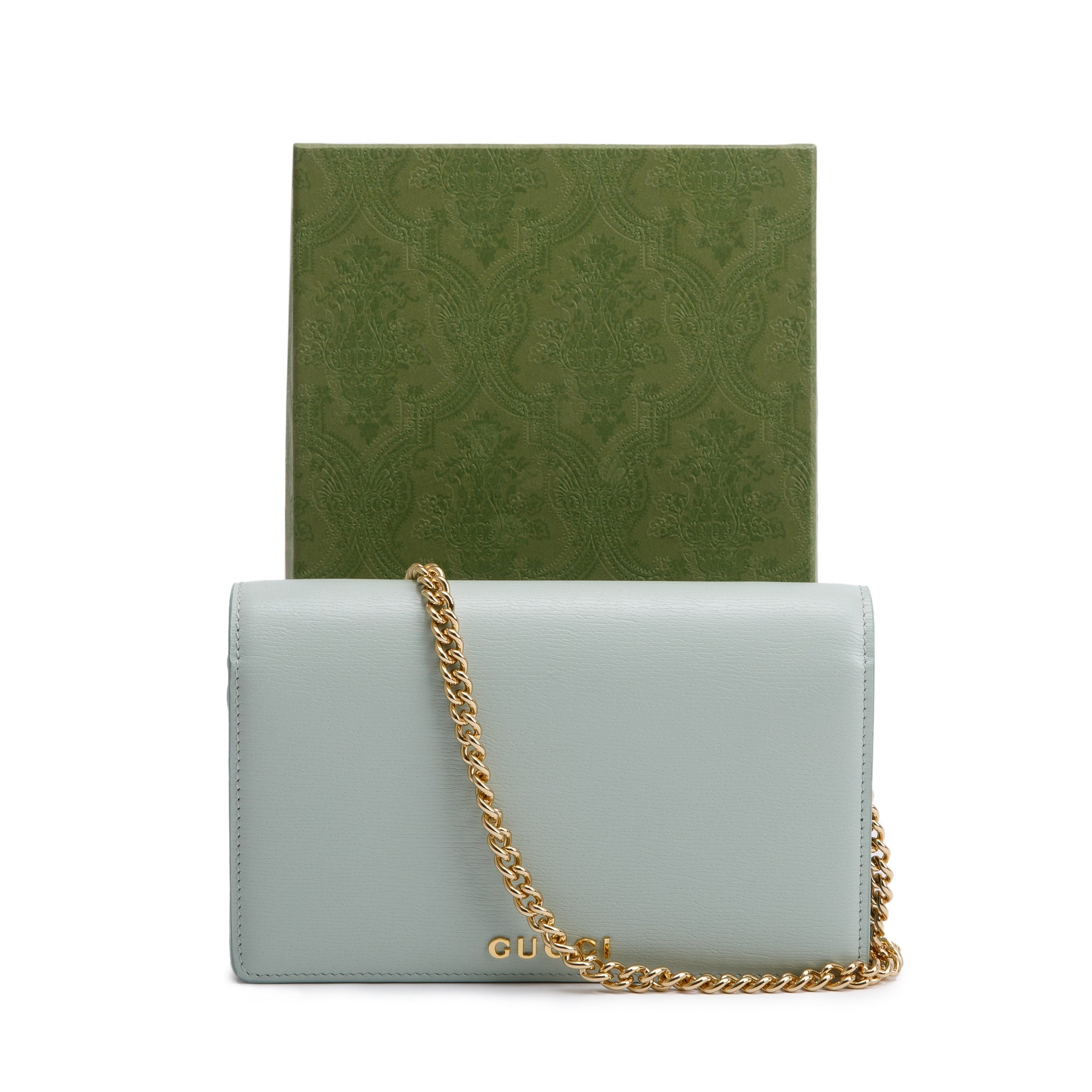 Gucci Green Calfskin Leather Chain Wallet with Gucci Script w/ Box