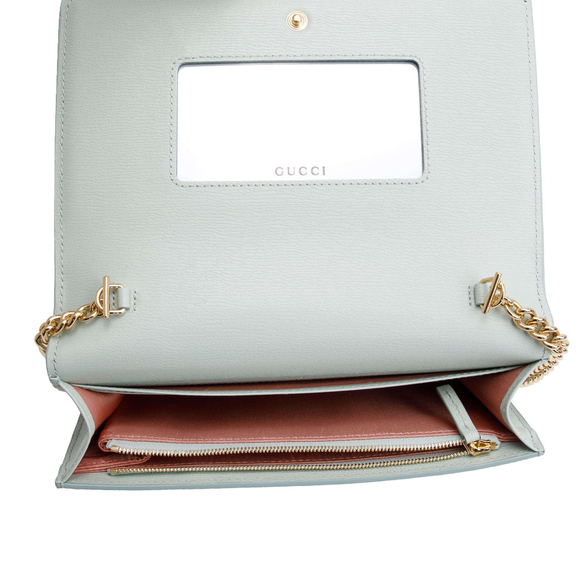 Gucci Green Calfskin Leather Chain Wallet with Gucci Script w/ Box