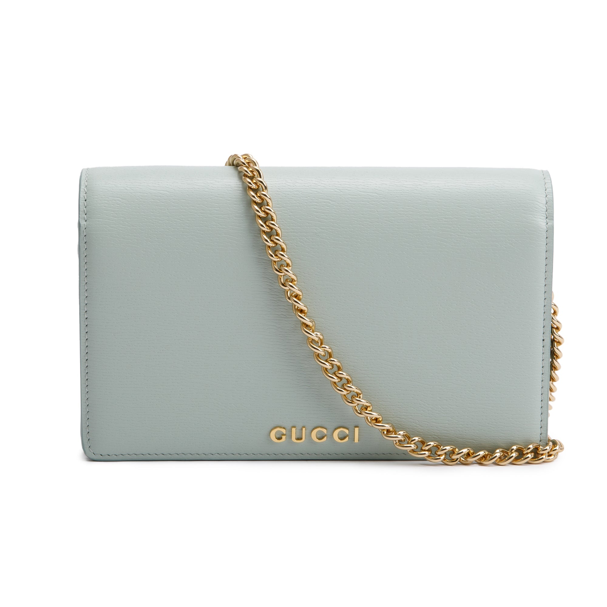 Gucci Green Calfskin Leather Chain Wallet with Gucci Script w/ Box