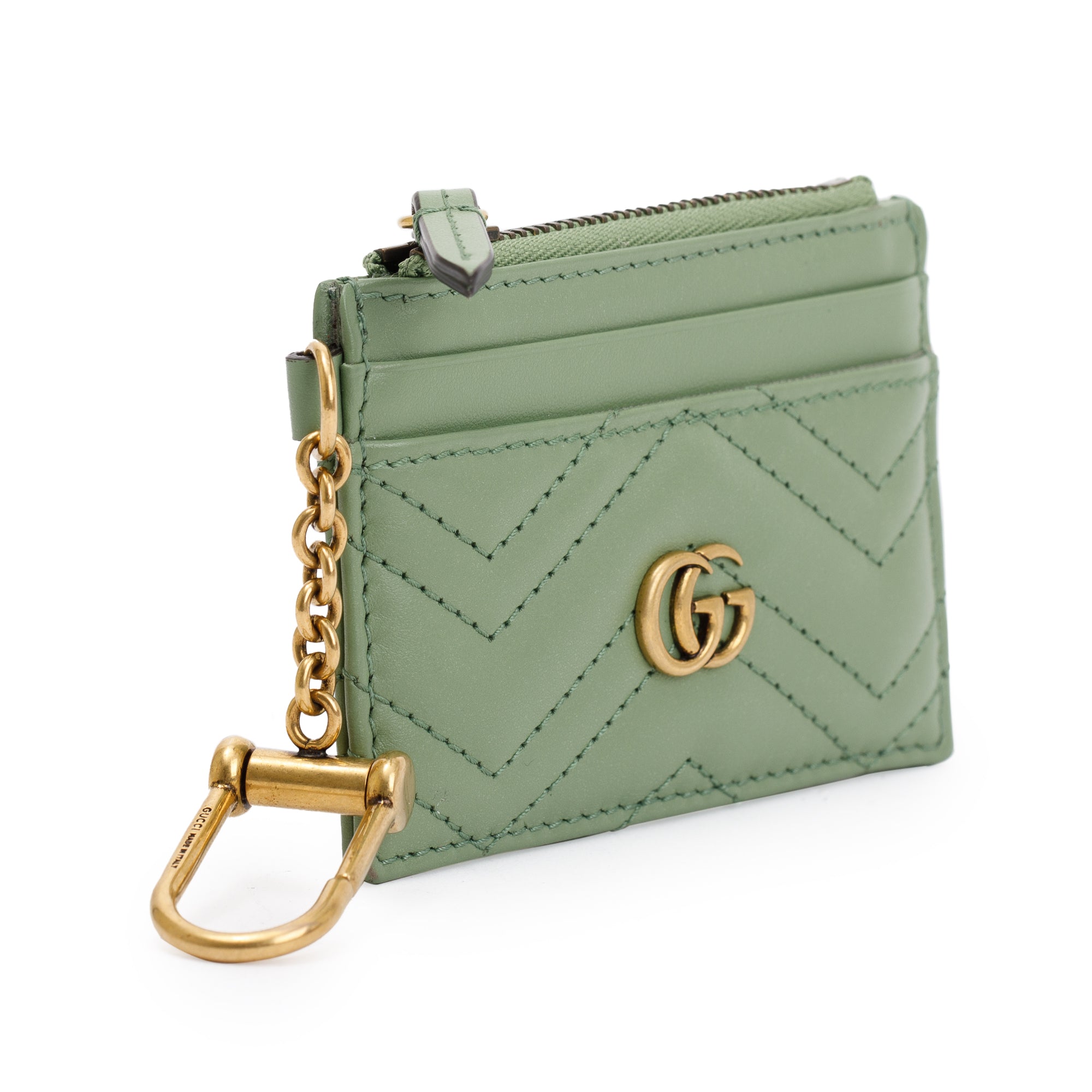 Gucci Green Calfskin Leather GG Marmont Keychain Wallet w/ Box
