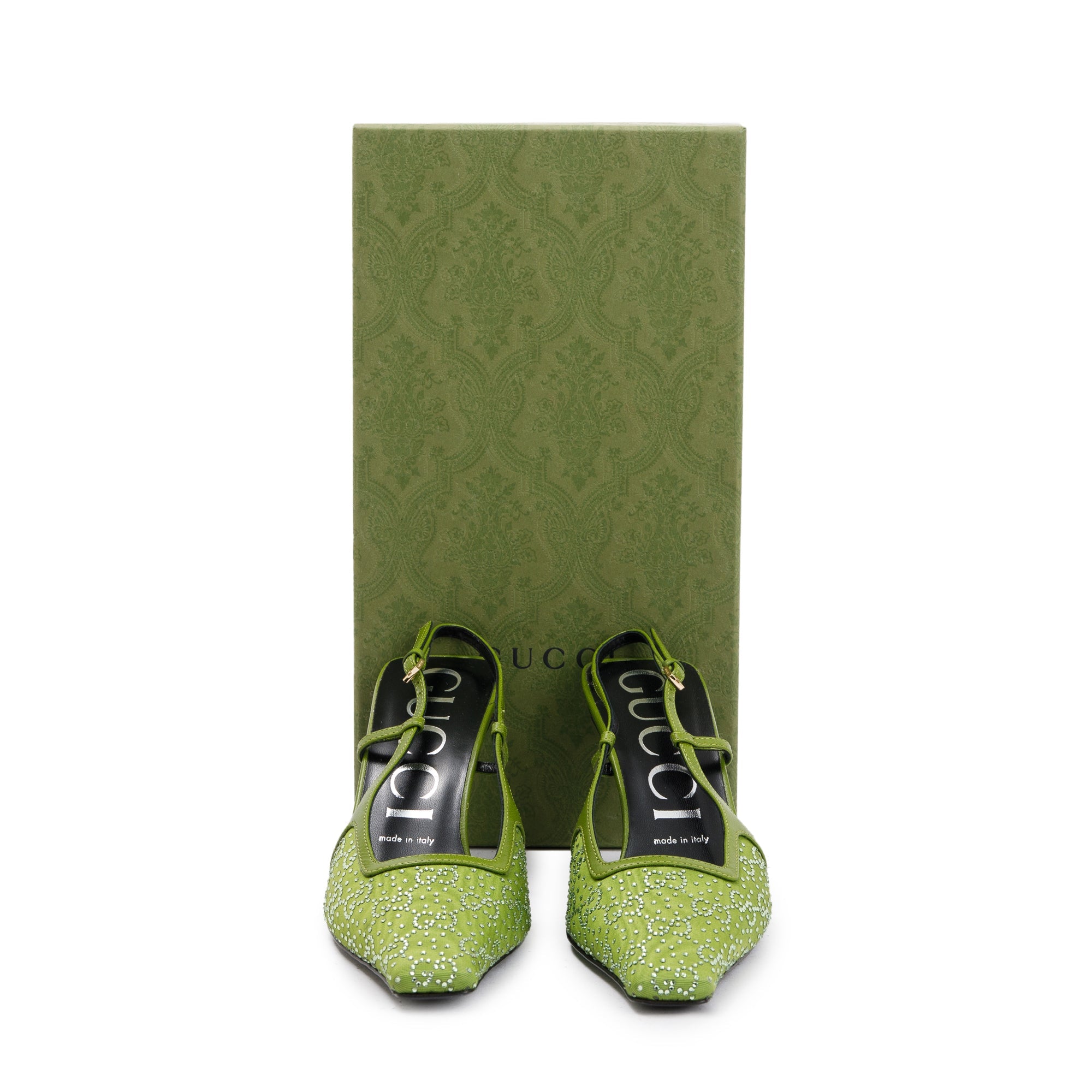 Gucci Green Green Leather Tom GG Crystal Slingback Pump, Size 38 w/ Box