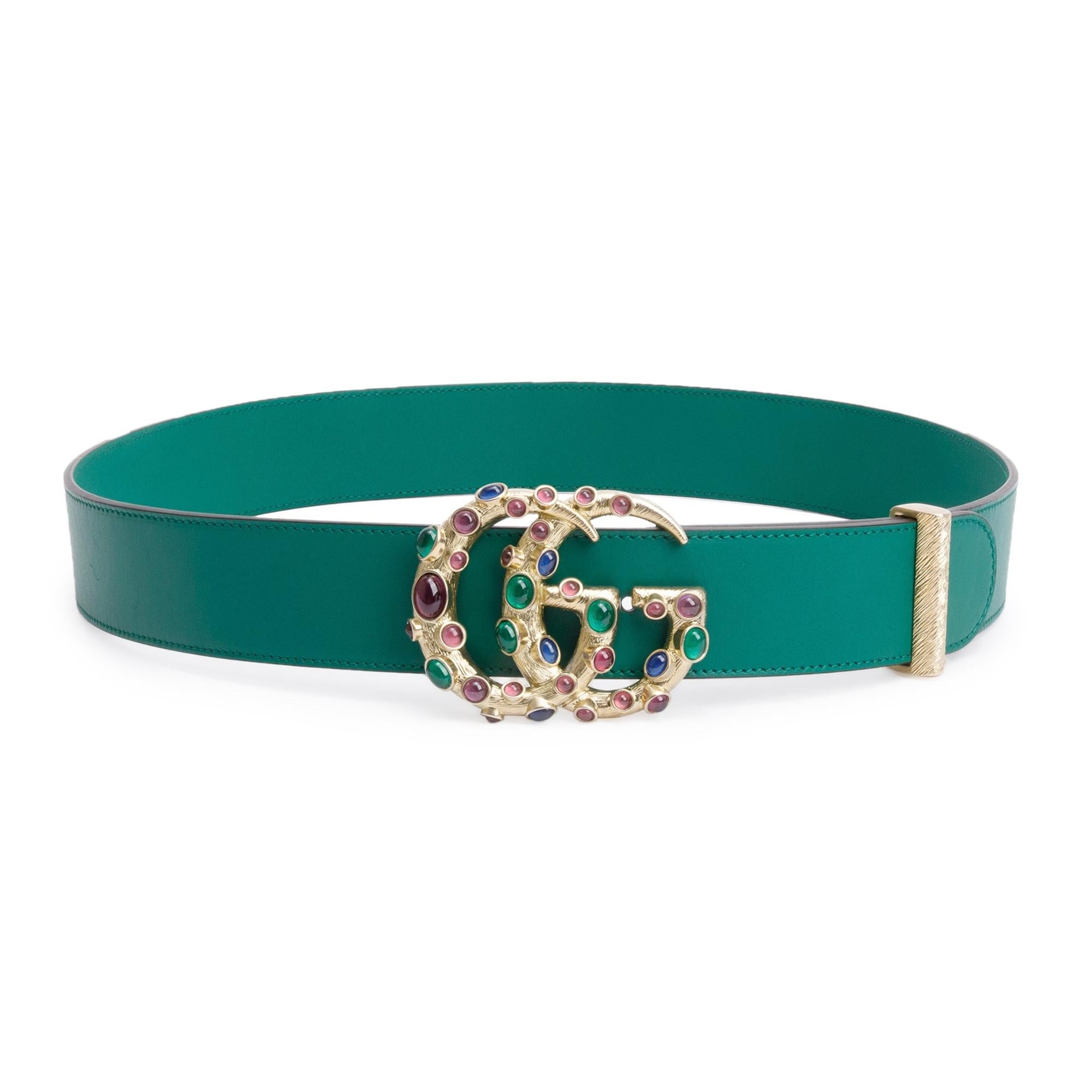 Gucci Green Leather Belt with Crystal Embellished GG Buckle, 90 36