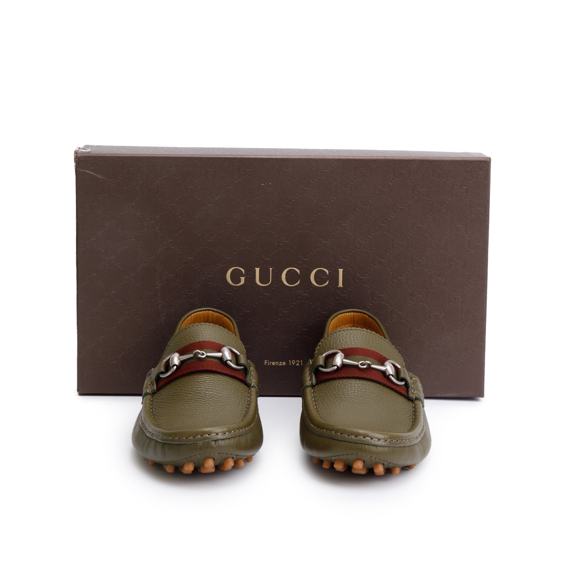 Gucci Green Leather Web Horsebit Accent Loafers, Size 6.5 w/ Box