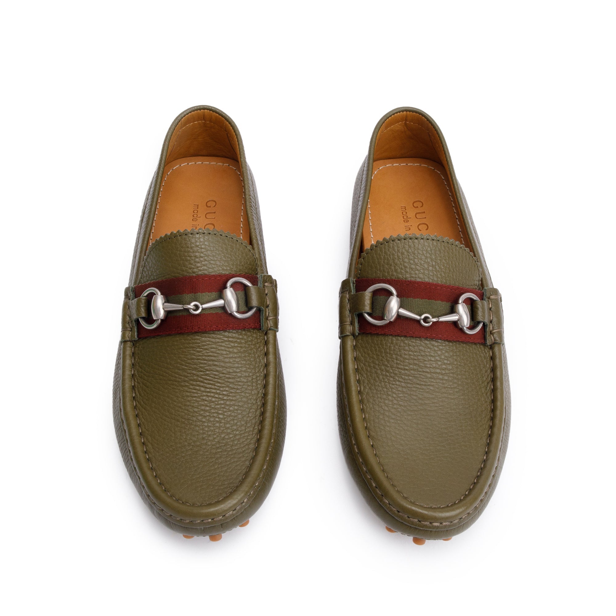 Gucci Green Leather Web Horsebit Accent Loafers, Size 6.5 w/ Box