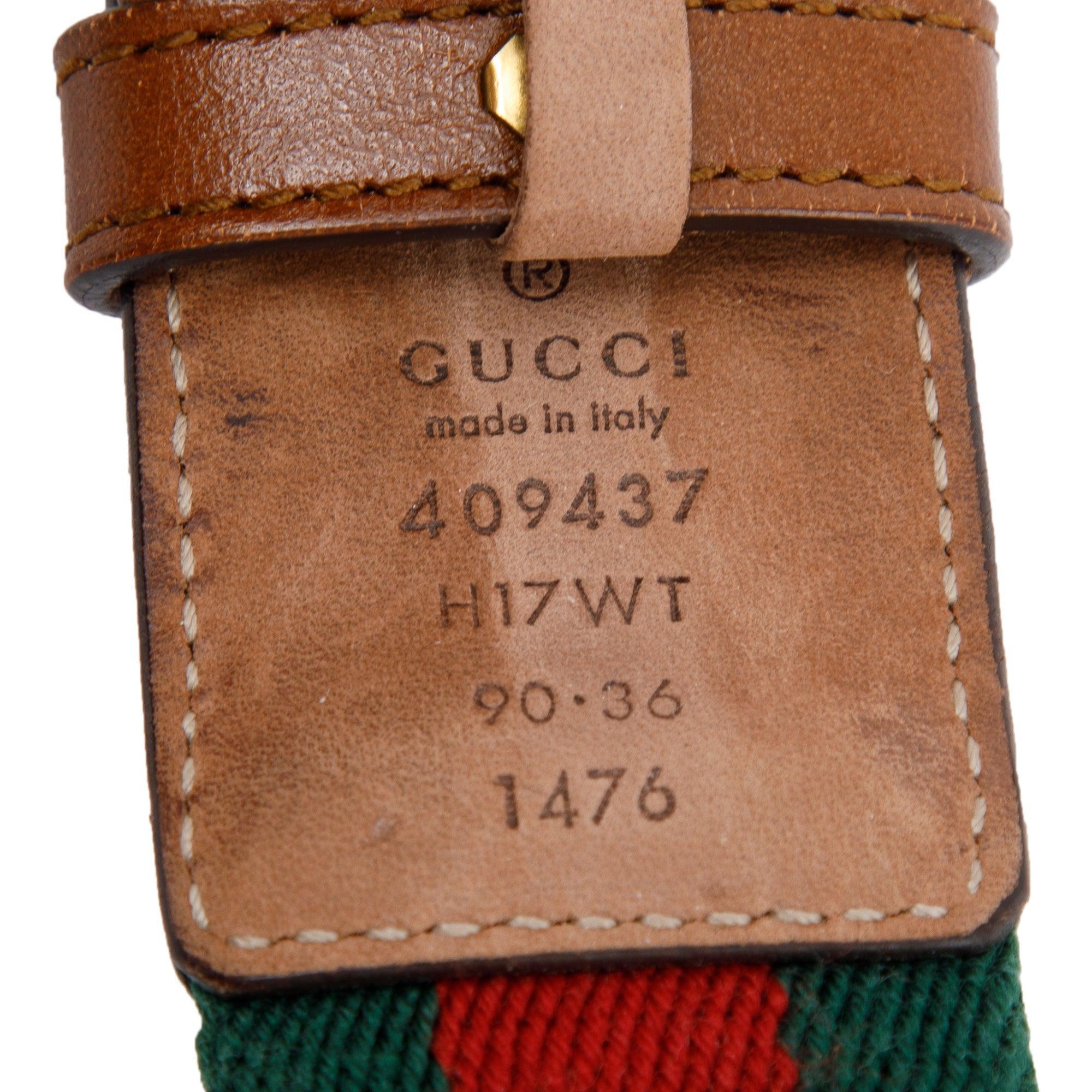 Gucci Green & Red Web Canvas & Brown Leather Belt with Rectangle Bee Buckle