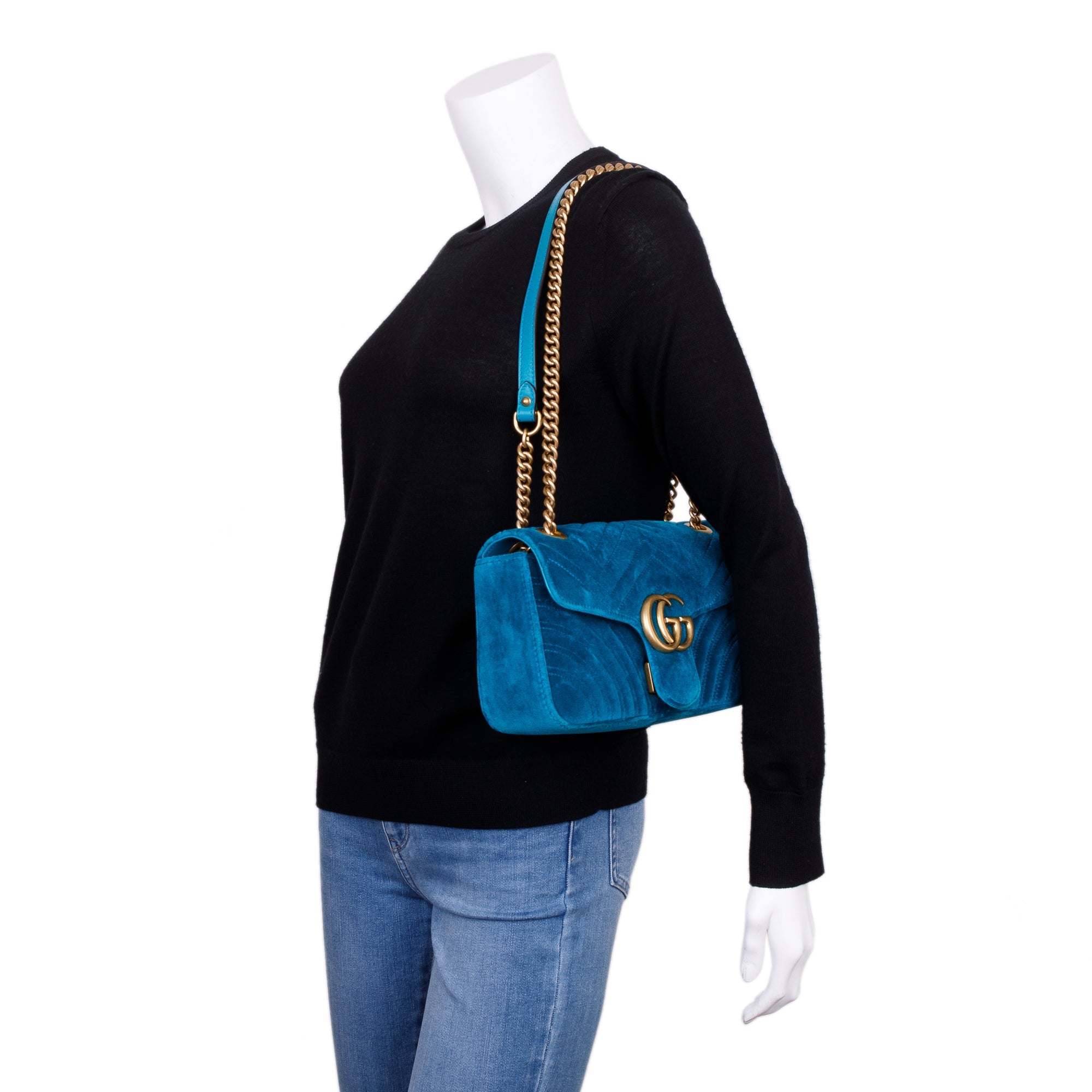 Gucci Green Velvet Matelasse GG Marmont Small Shoulder Bag