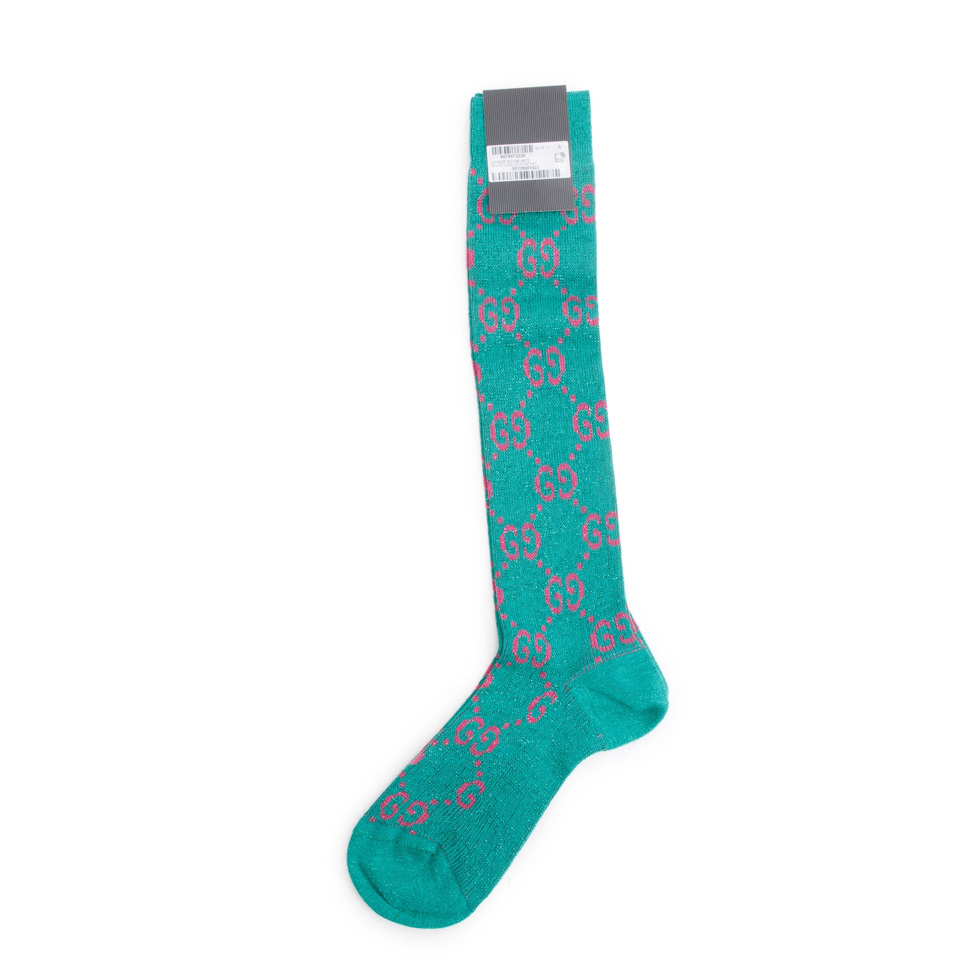Gucci Green/Pink Cotton Lame GG Long Socks, Size S w/ Box
