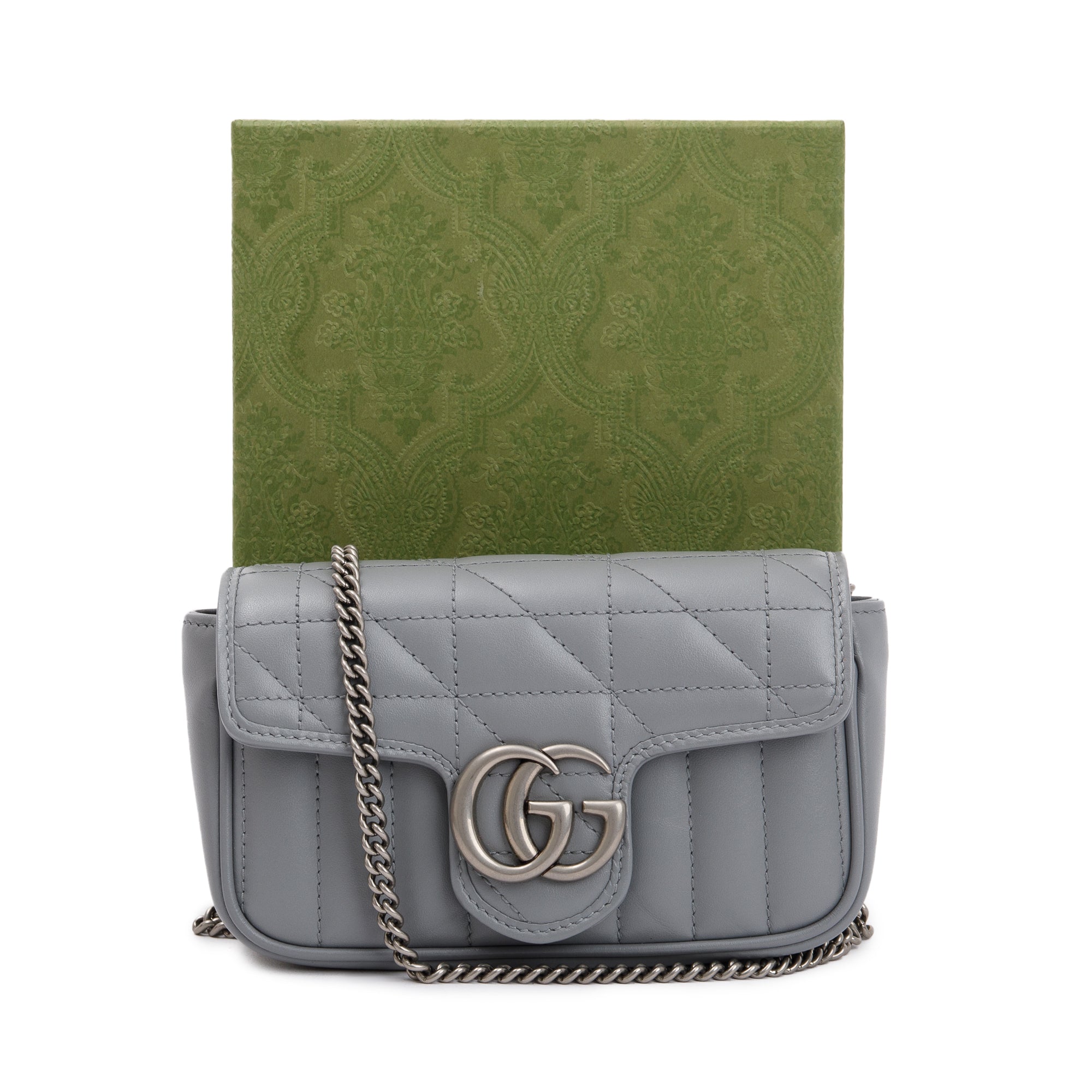 Gucci Grey GG Marmont Matelasse Leather Super Mini Bag w/ Box