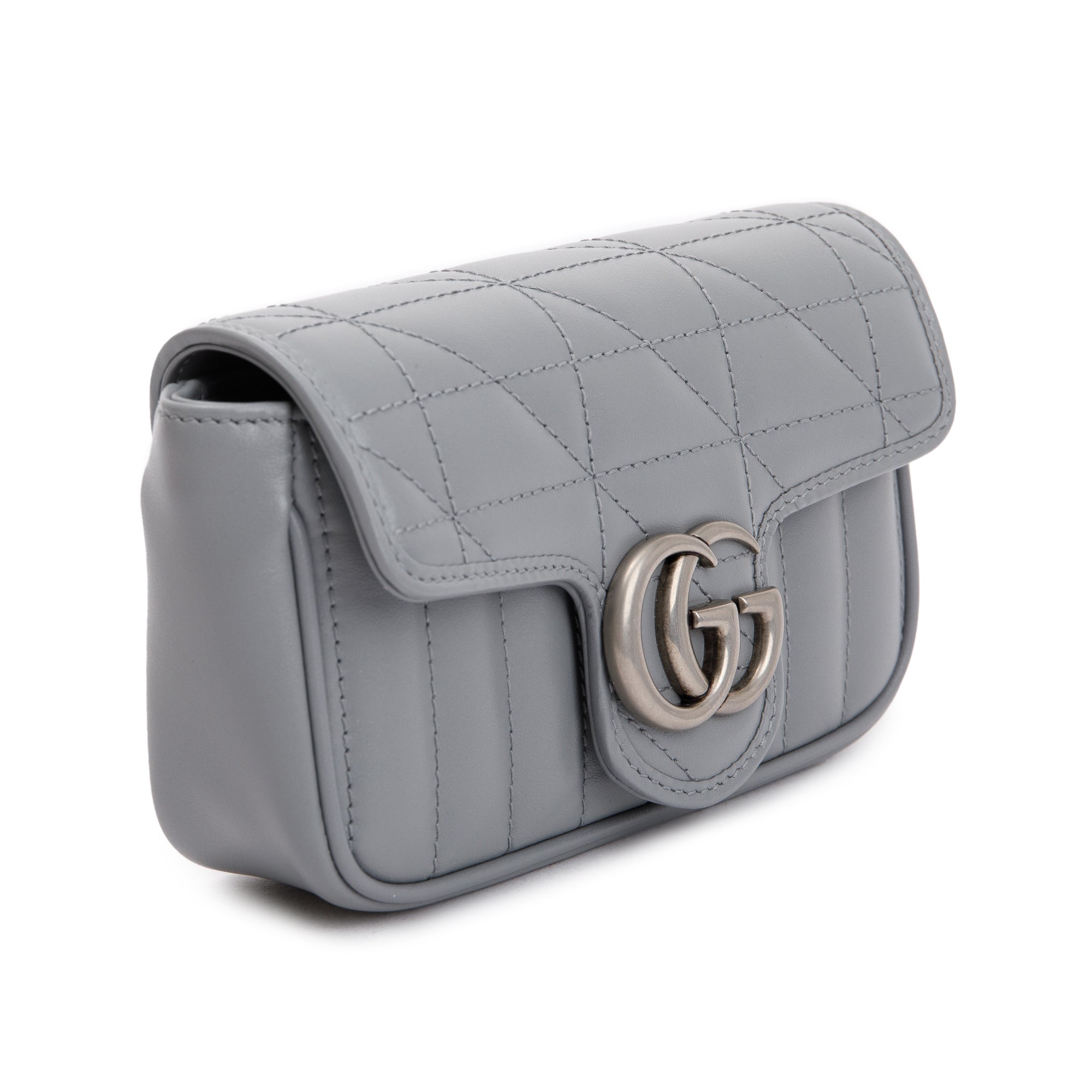 Gucci Grey GG Marmont Matelasse Leather Super Mini Bag w/ Box