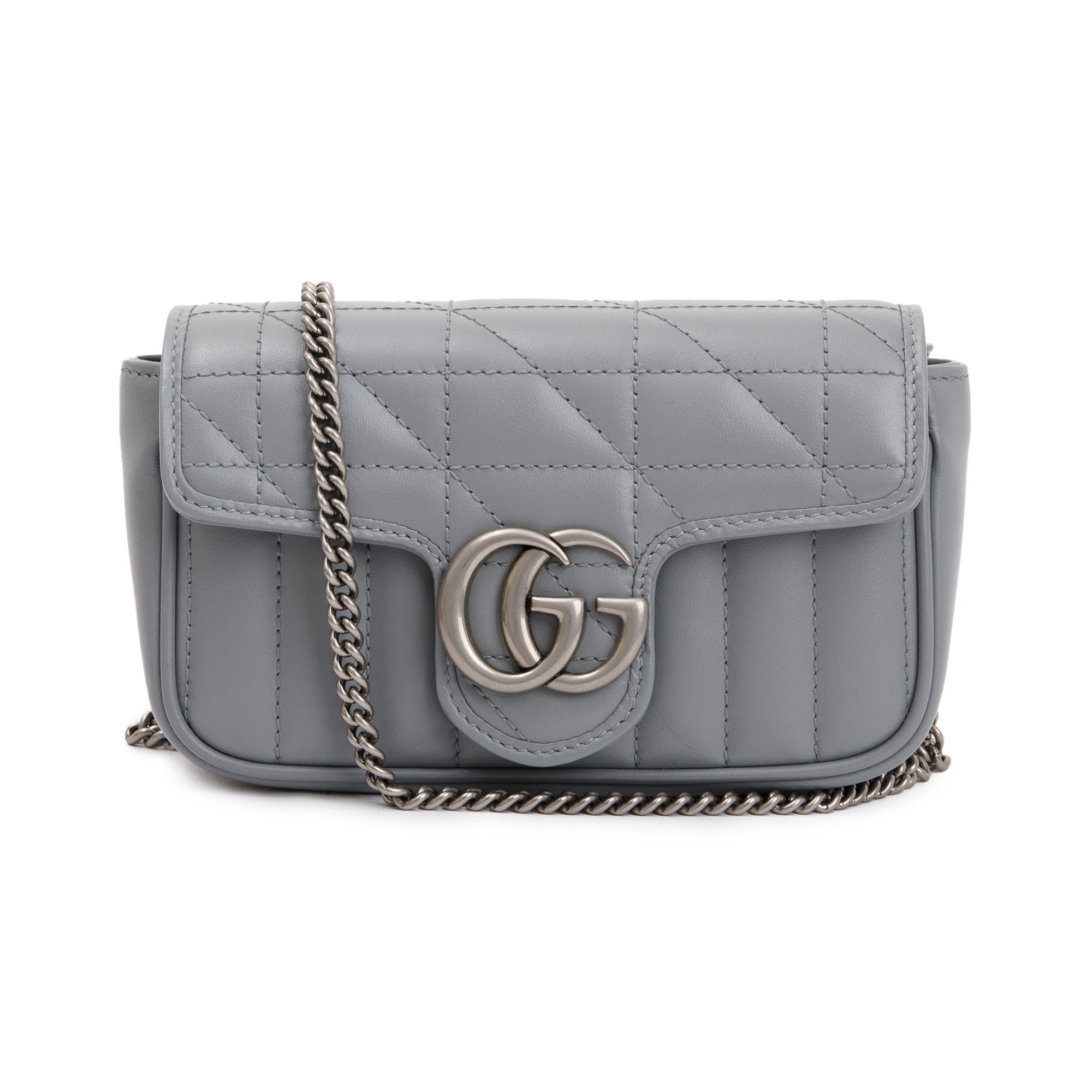 Gucci Grey GG Marmont Matelasse Leather Super Mini Bag w/ Box
