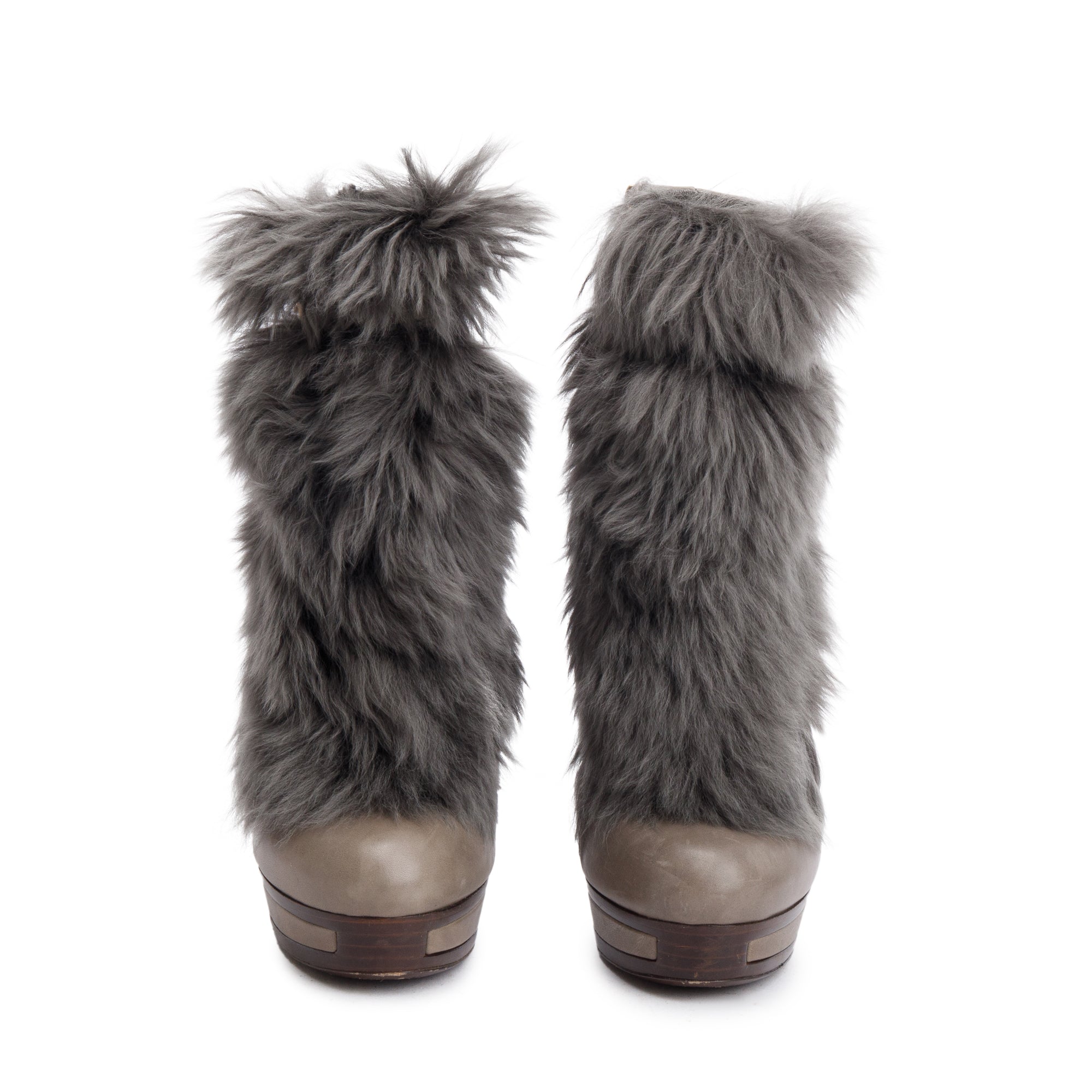 Gucci Grey Leather Alpaca Fur Alyona Platform Ankle Boots, Size 35.5