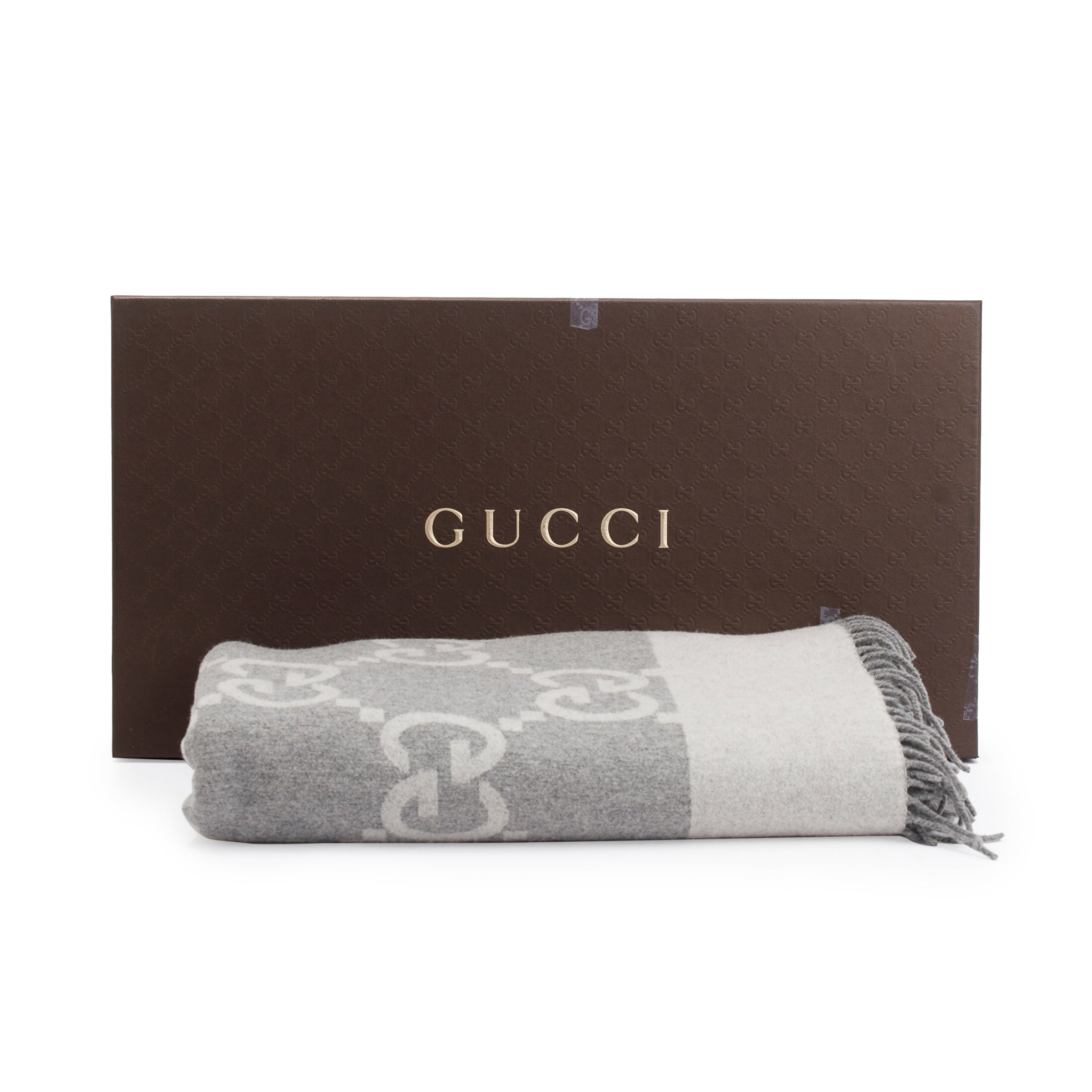 Gucci Grey Wool & Cashmere GG Pattern Throw Blanket w/ Box