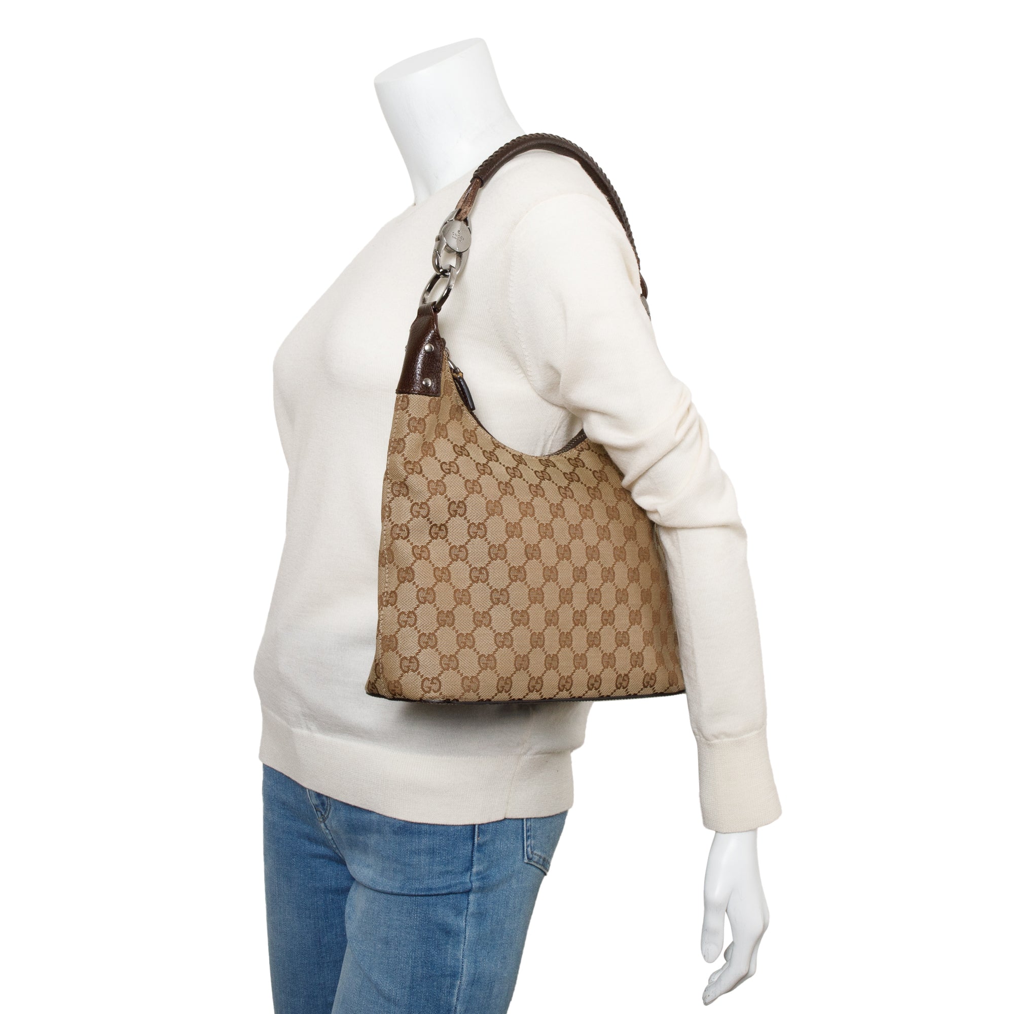 Gucci Leather Trim GG Canvas Hobo Bag