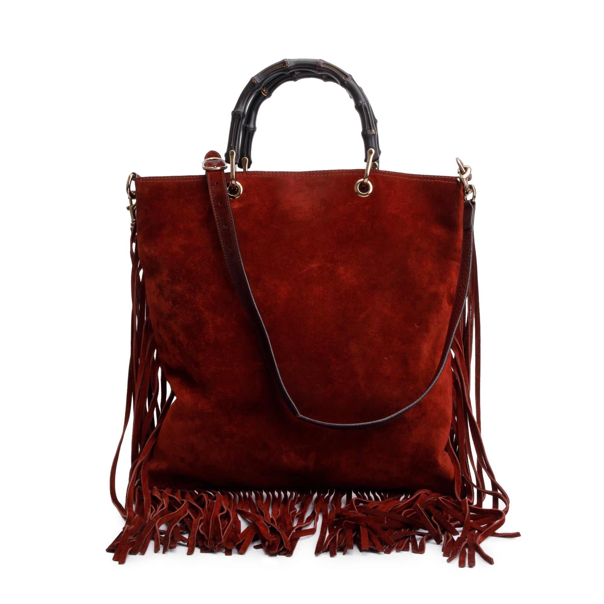 Gucci Maroon Suede Bamboo Fringe Shopper Tote w/ Strap