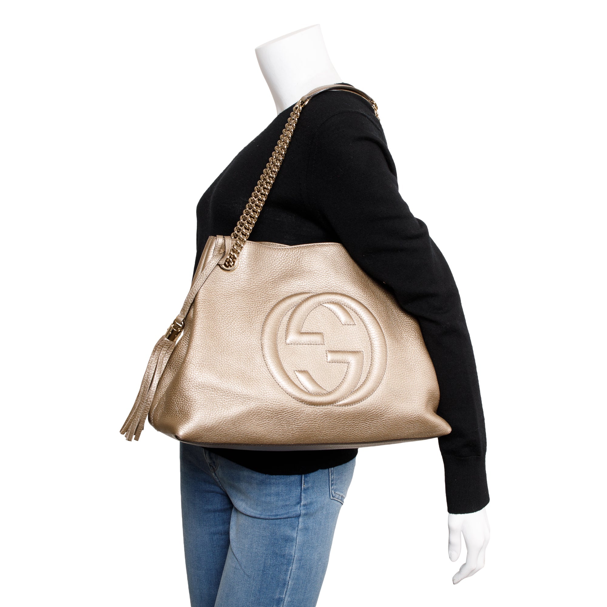 Gucci Metallic Gold Pebbled Calfksin Leather Medium Soho Chain Tote