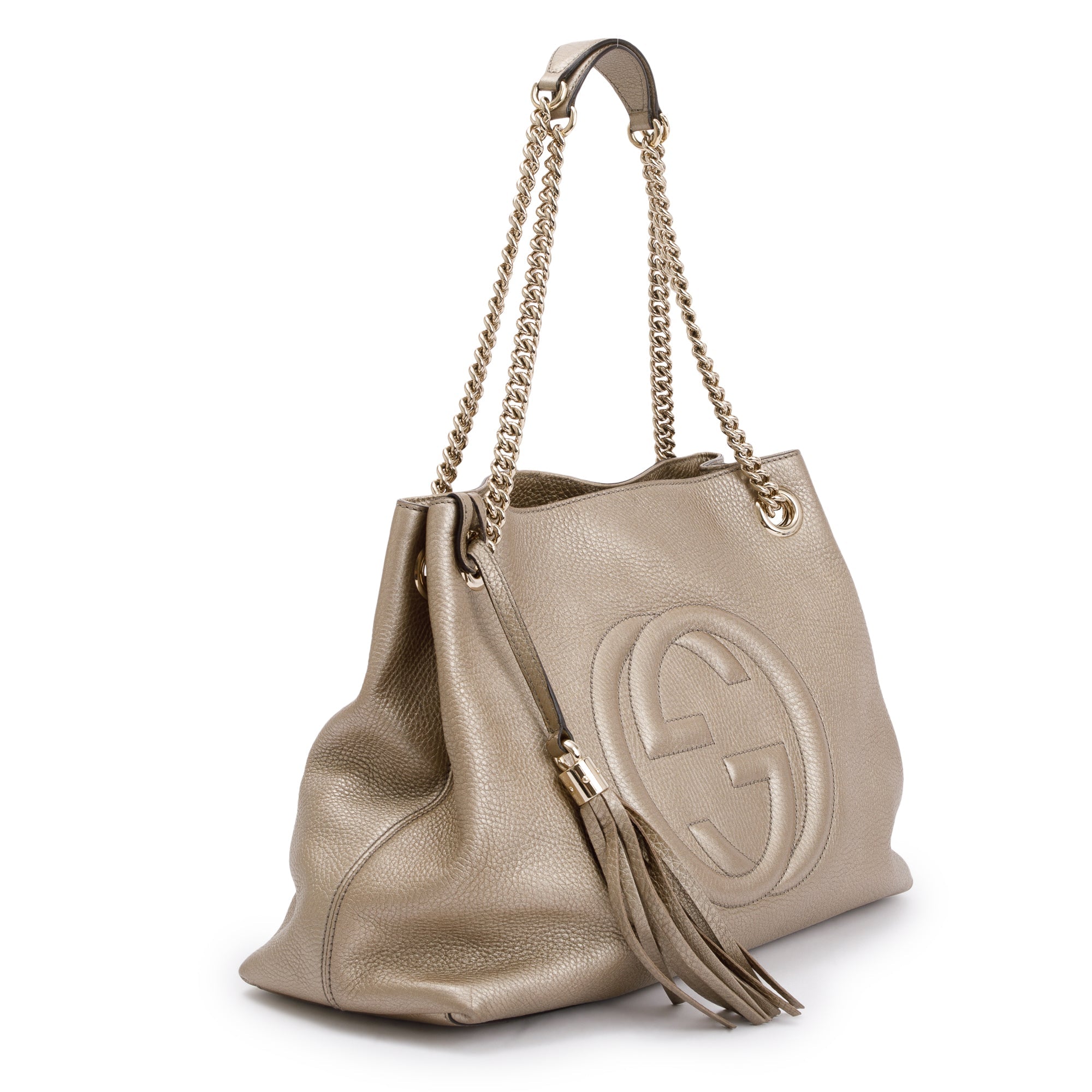 Gucci Metallic Gold Pebbled Calfksin Leather Medium Soho Chain Tote