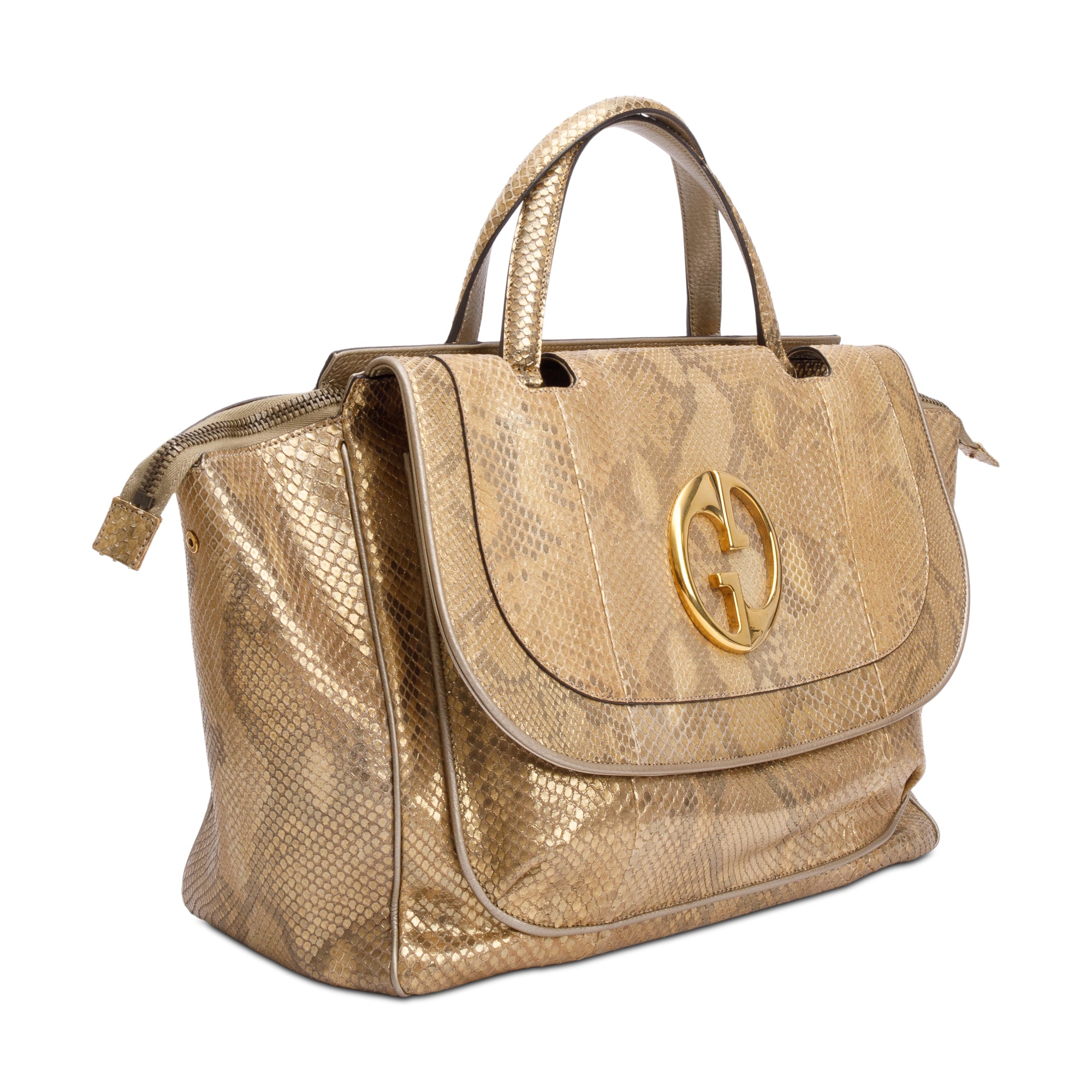 Gucci Metallic Gold Python 1973 Medium Top Handle Bag