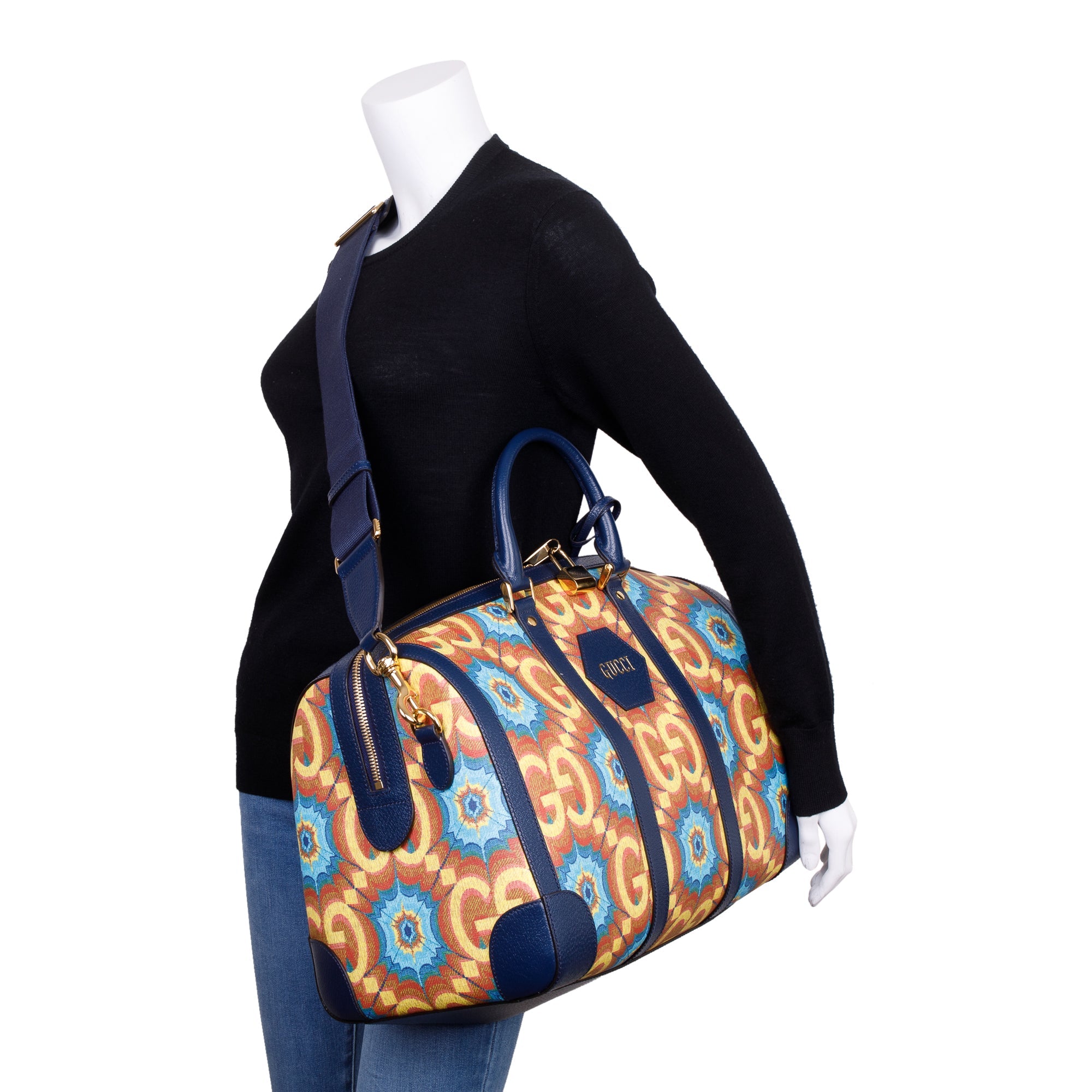 Gucci Mulricolour GG Supreme Kaleidoscope Calfskin Gucci 100 Carry-On Duffle Bag w/ Strap