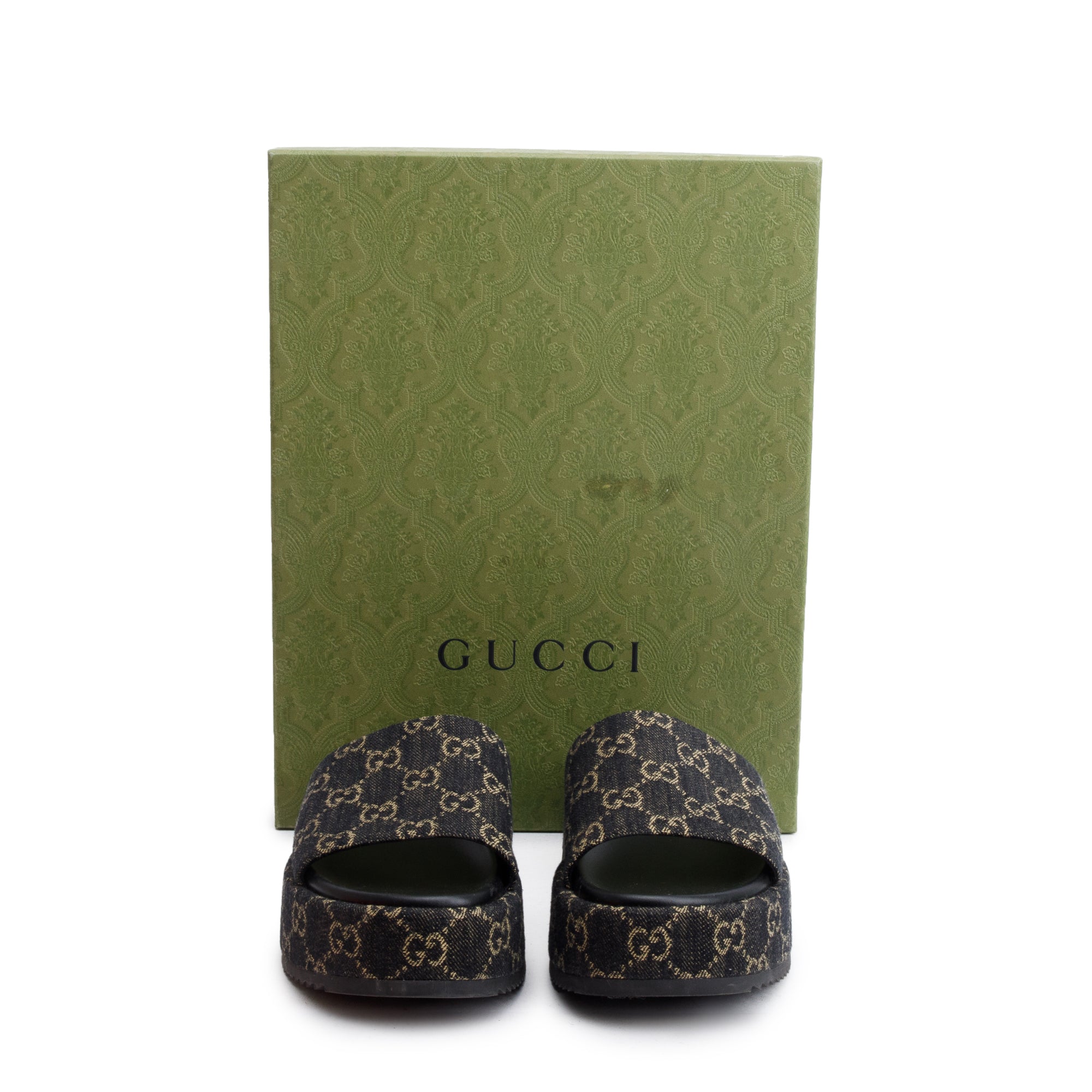 Gucci Navy GG Denim Patform Slide Sandal, Size 39.5 w/ Box