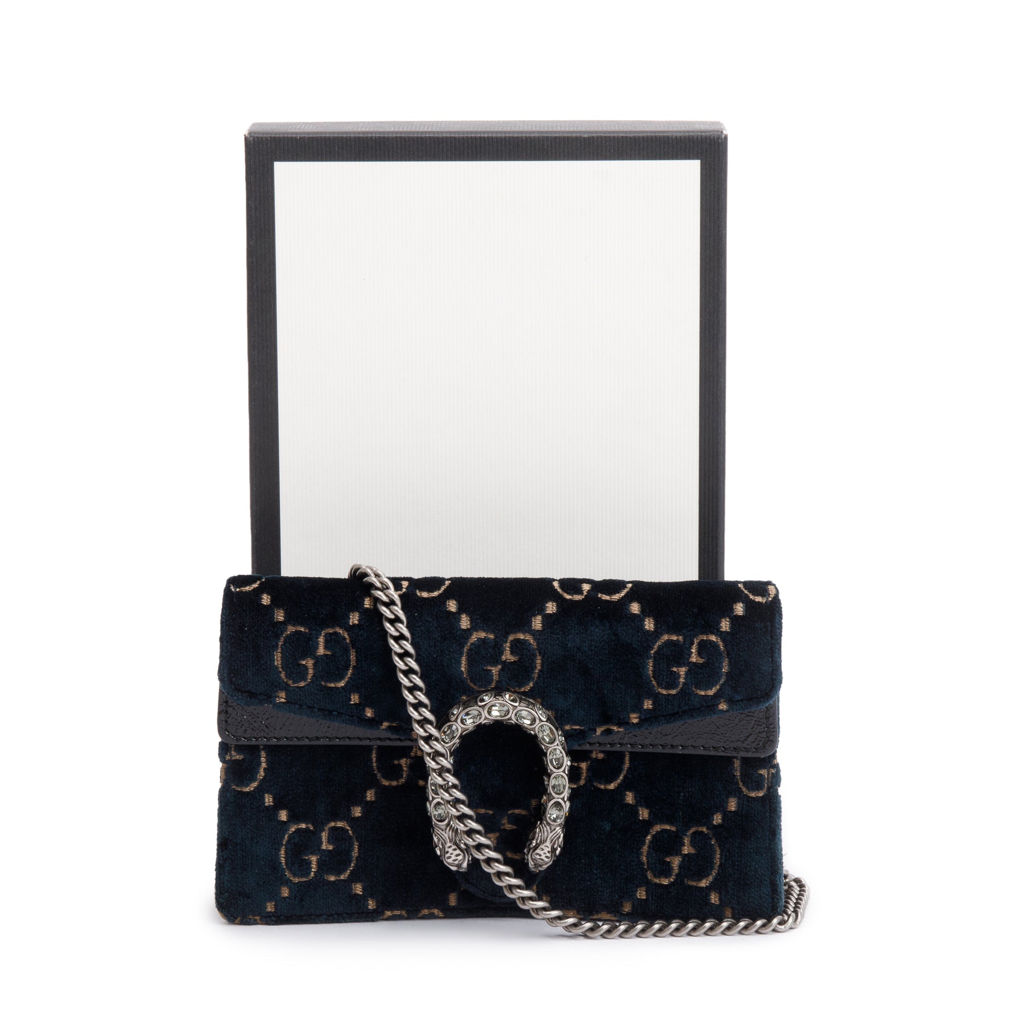 Gucci Navy GG Embossed Velvet Dionysus Super Mini Bag w/ Box