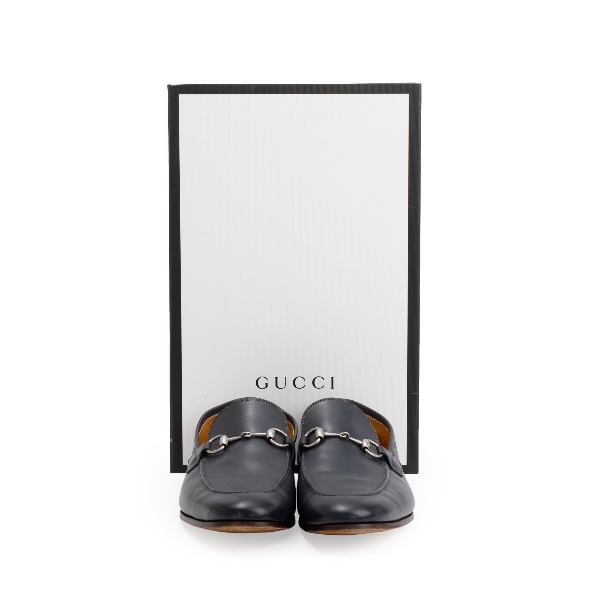 Gucci Navy Jordaan Horsebit Accent Leather Loafers, Size 10.5 w/ Box