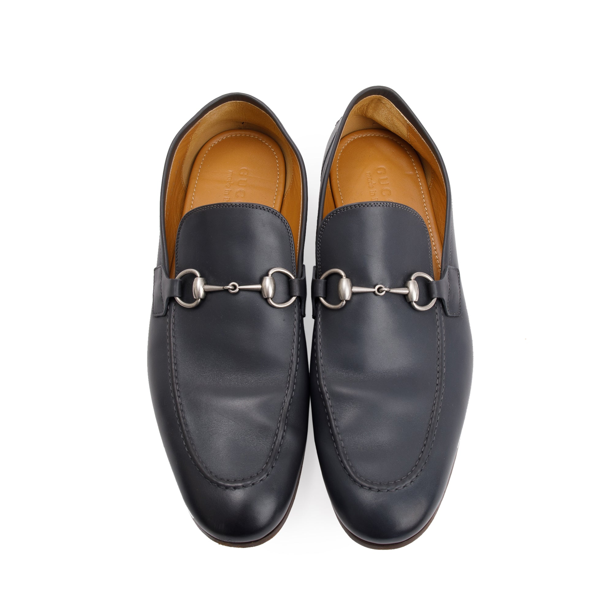 Gucci Navy Jordaan Horsebit Accent Leather Loafers, Size 10.5 w/ Box