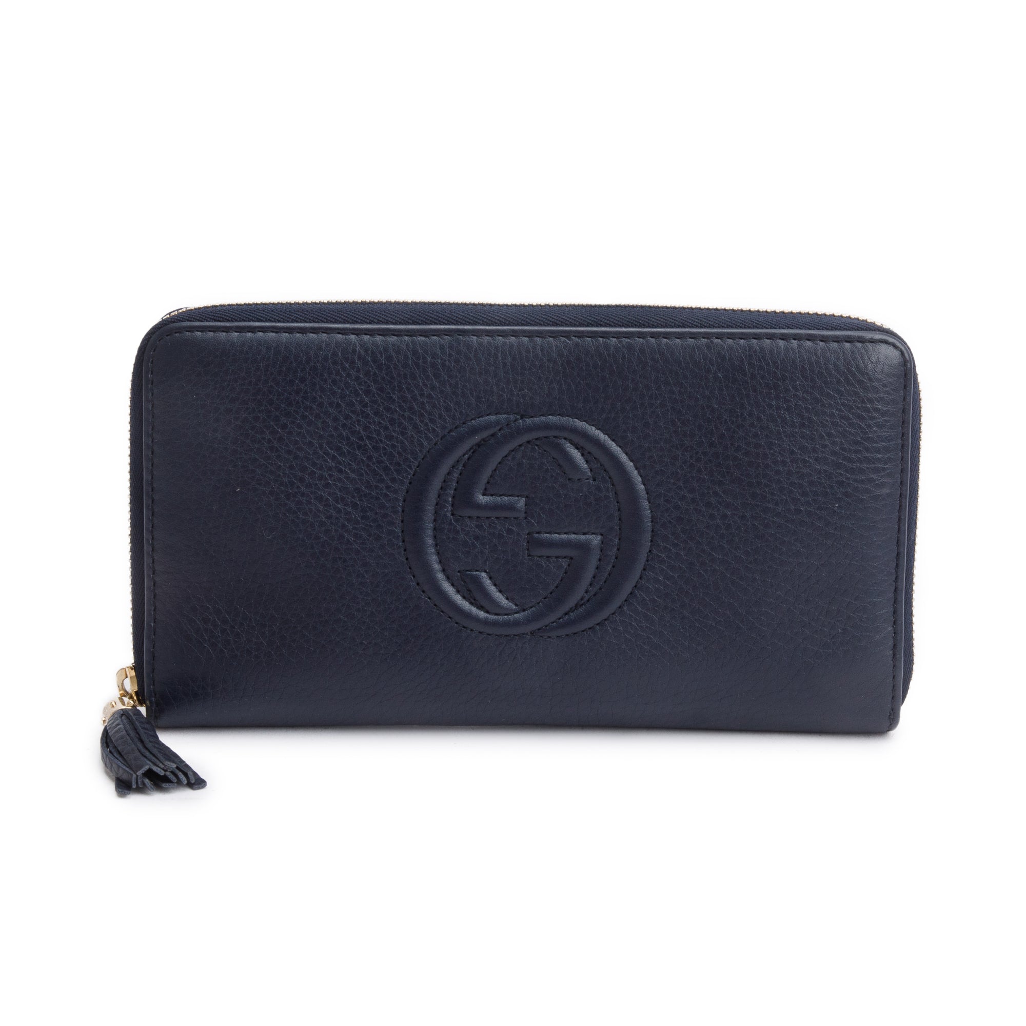 Gucci Navy Leather Soho GG Logo Continental Zip Around Wallet
