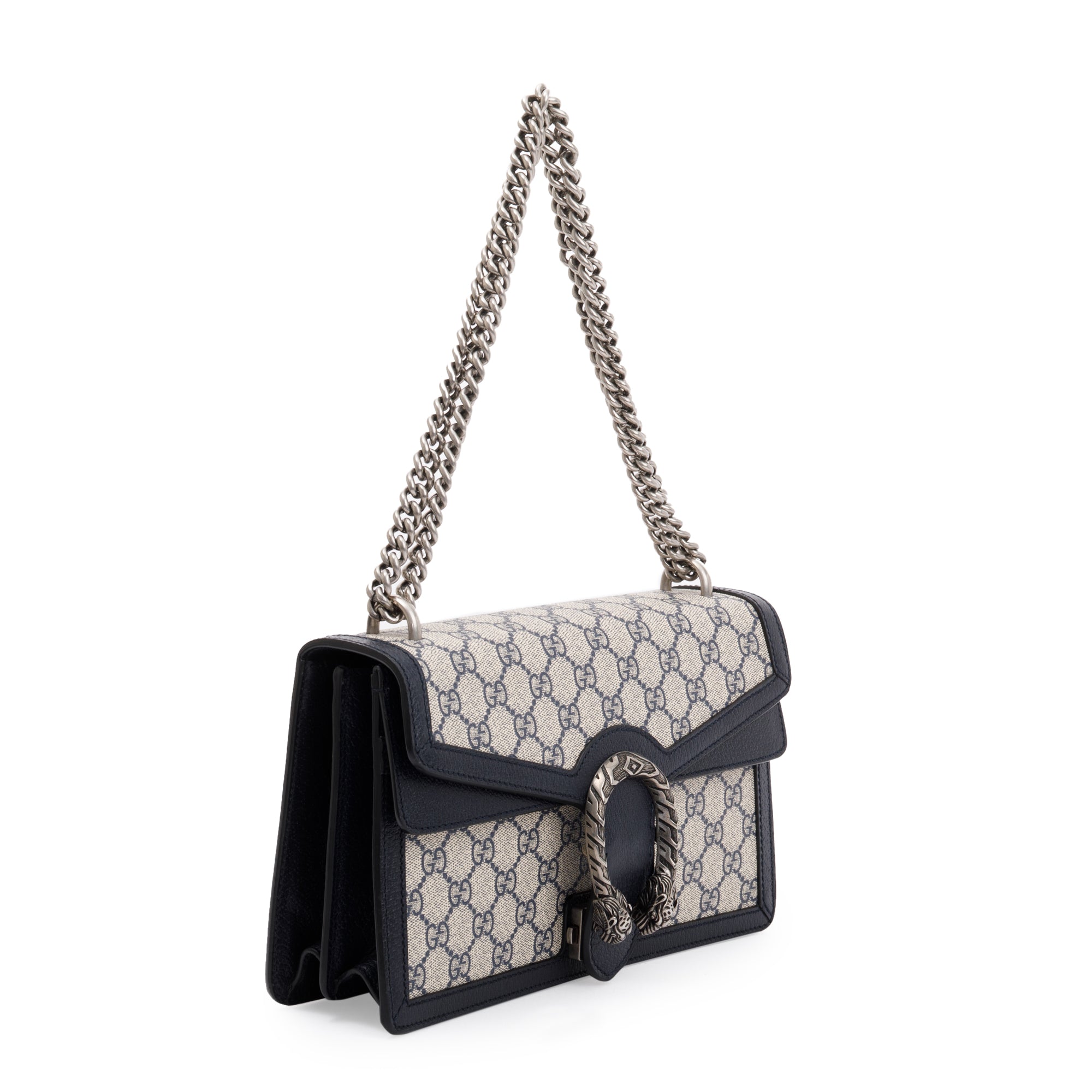 Gucci Navy Leather Trimmed GG Supreme Dionysus Small Shoulder Bag
