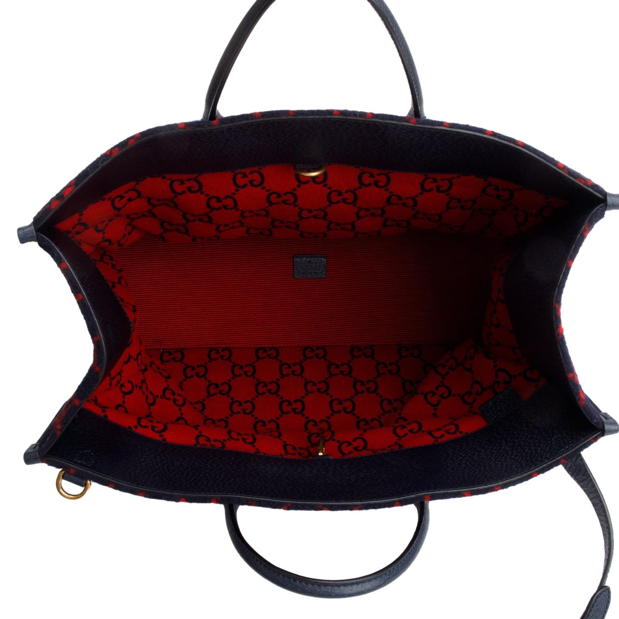 Gucci Navy/Red GG Wool Shopper Tote w/ Strap