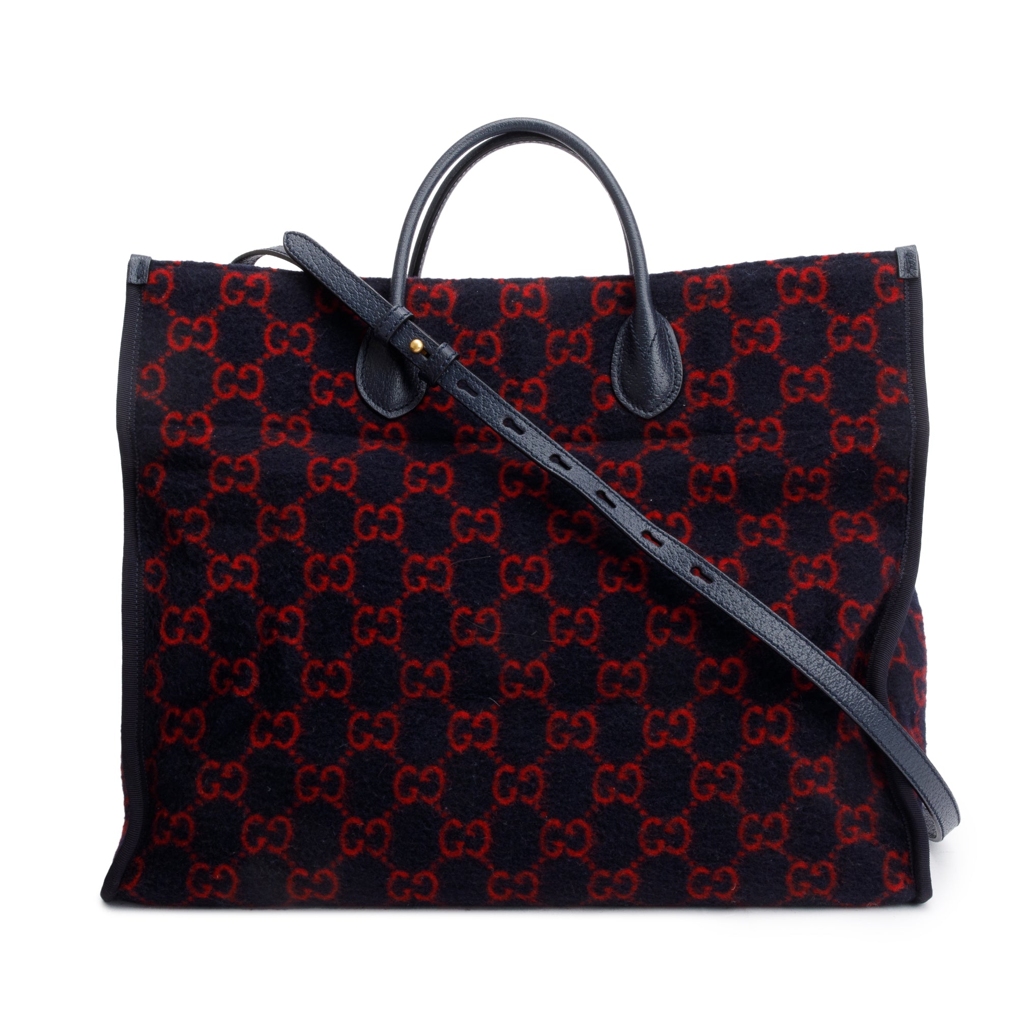 Gucci Navy/Red GG Wool Shopper Tote w/ Strap